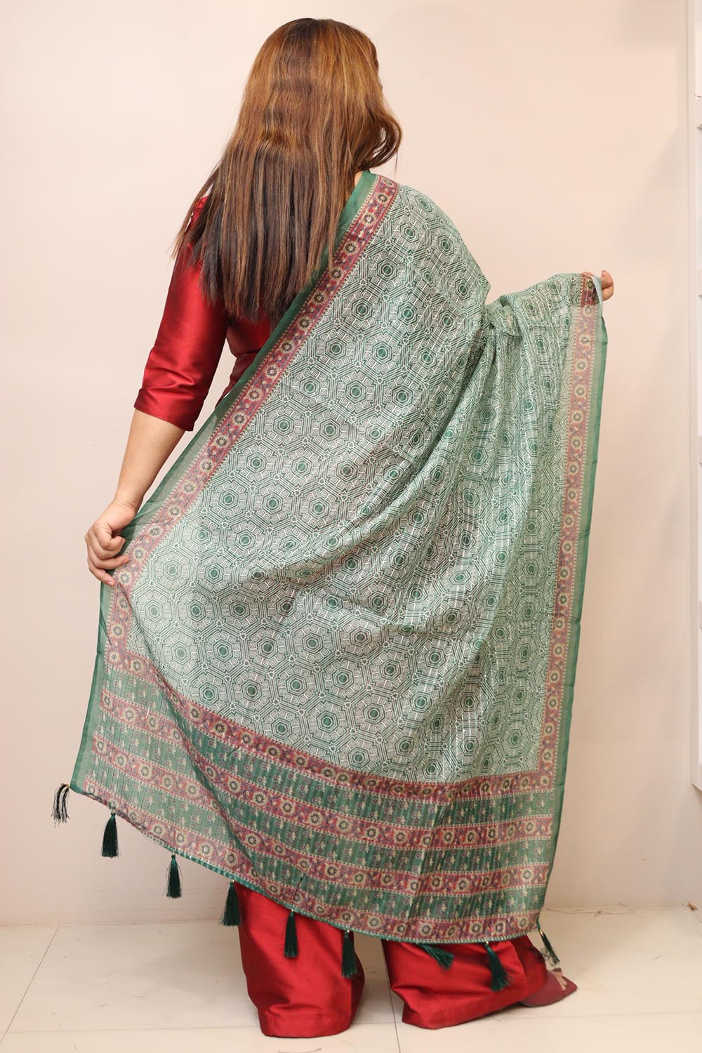 Green Digital Printed Chanderi Ajrakh Design Dupatta
