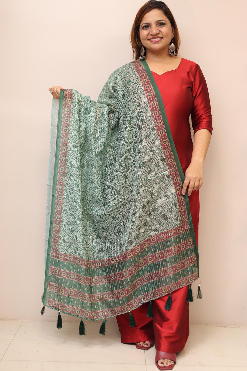 Green Digital Printed Chanderi Ajrakh Design Dupatta