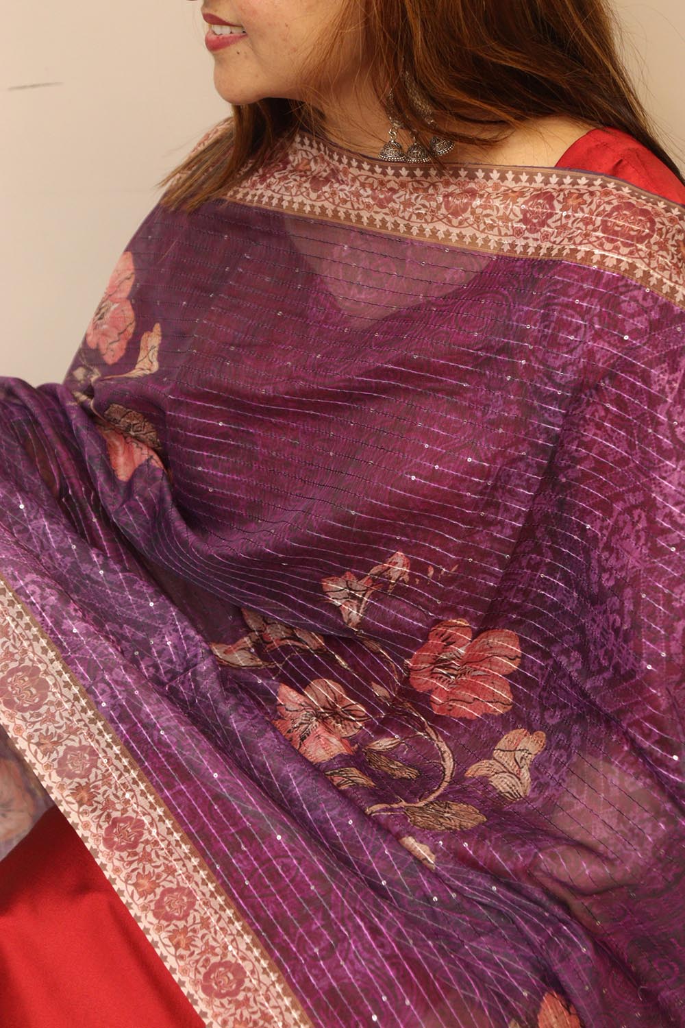 Purple Digital Printed Chanderi Flower Design Dupatta