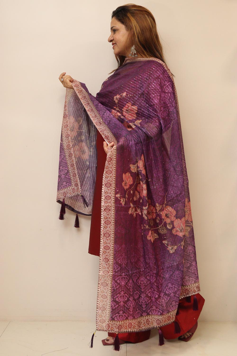 Purple Digital Printed Chanderi Flower Design Dupatta