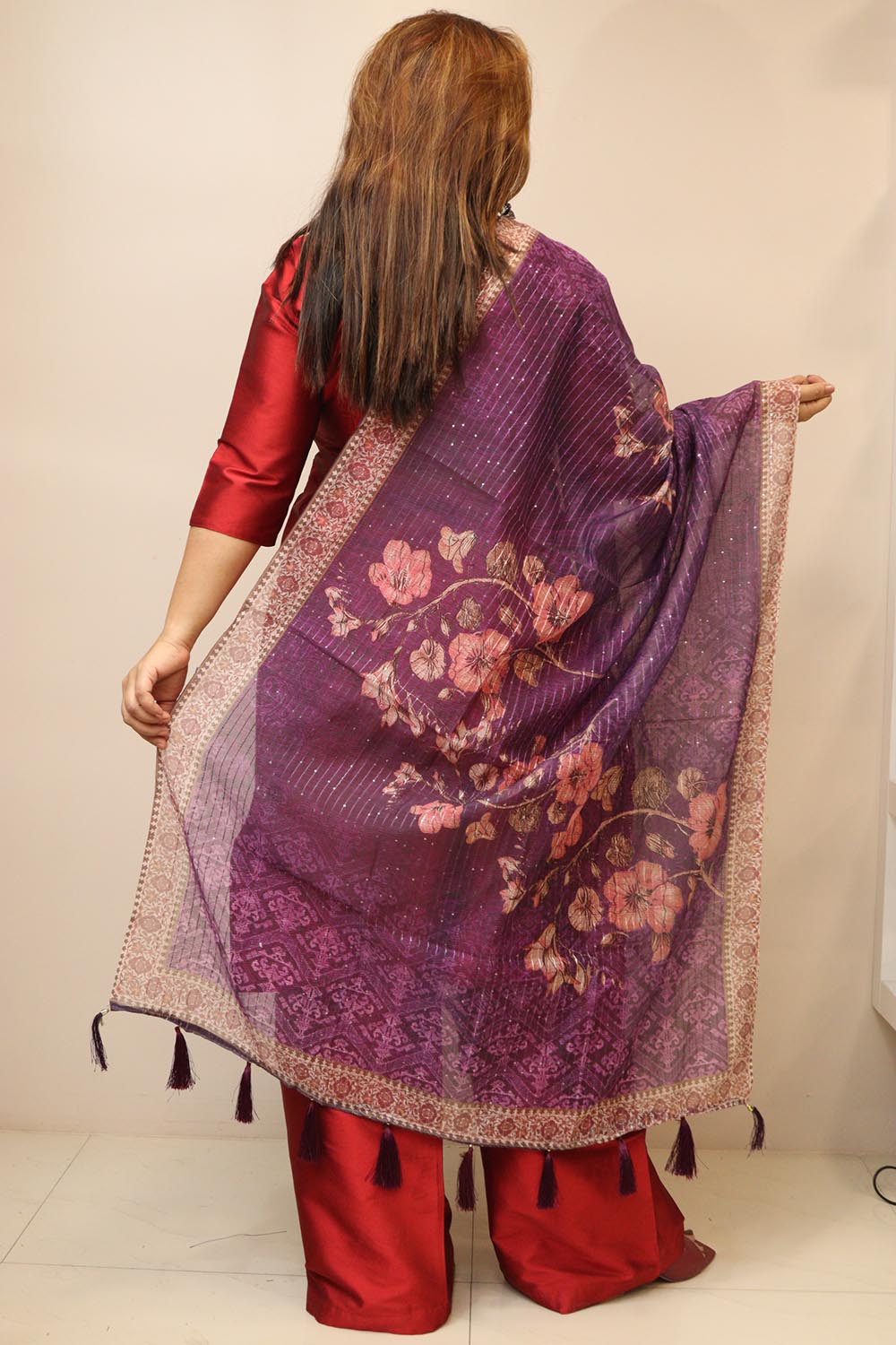 Purple Digital Printed Chanderi Flower Design Dupatta