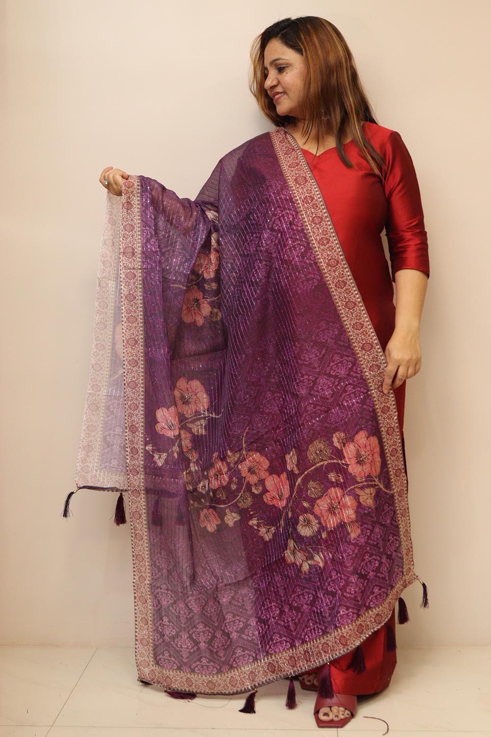 Purple Digital Printed Chanderi Flower Design Dupatta