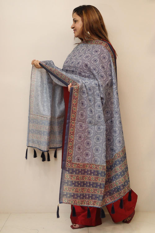 Blue Chanderi Dupatta – Floral Digital Print with Handcrafted Tassel