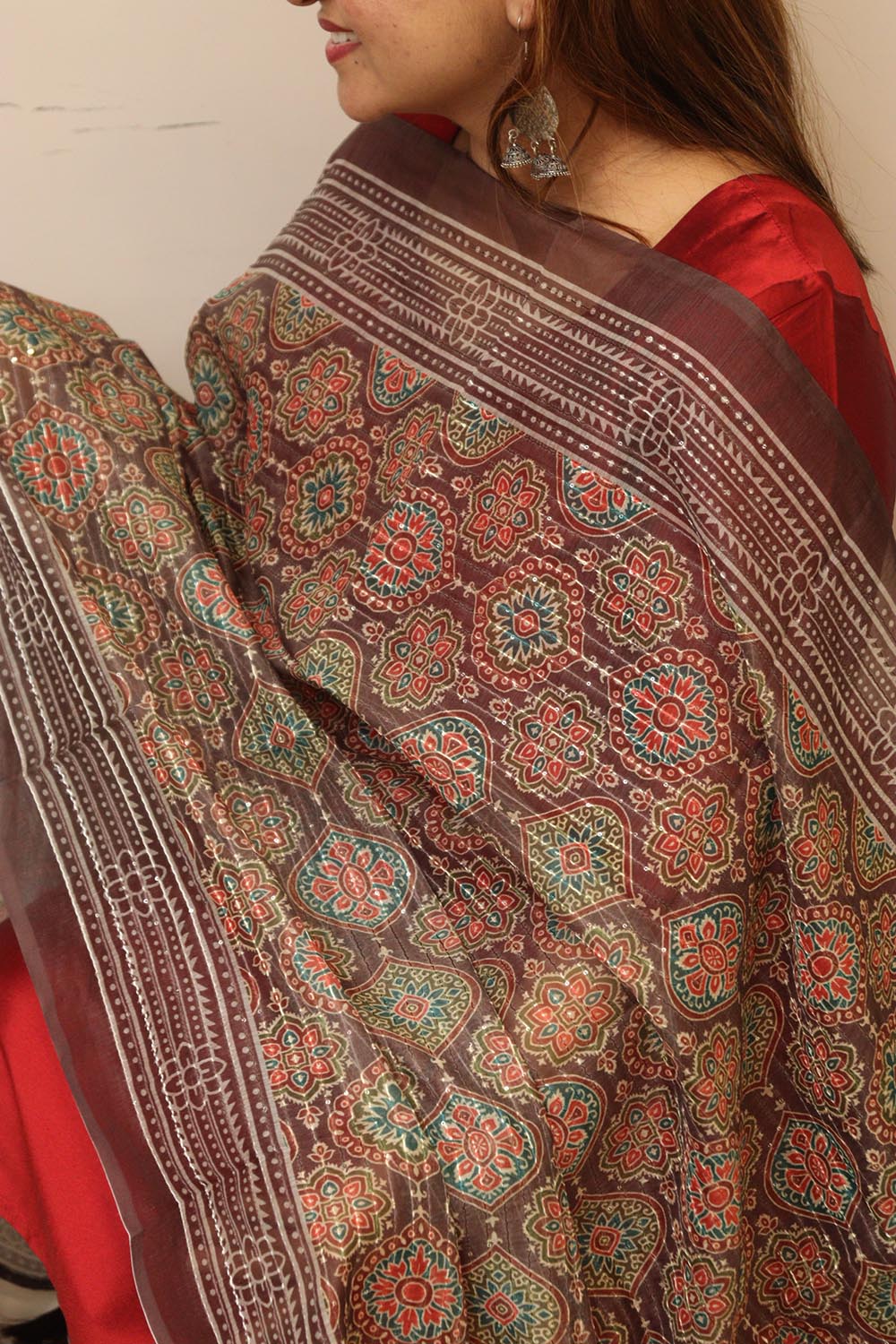 Maroon Digital Printed Chanderi Ajrakh Design Dupatta