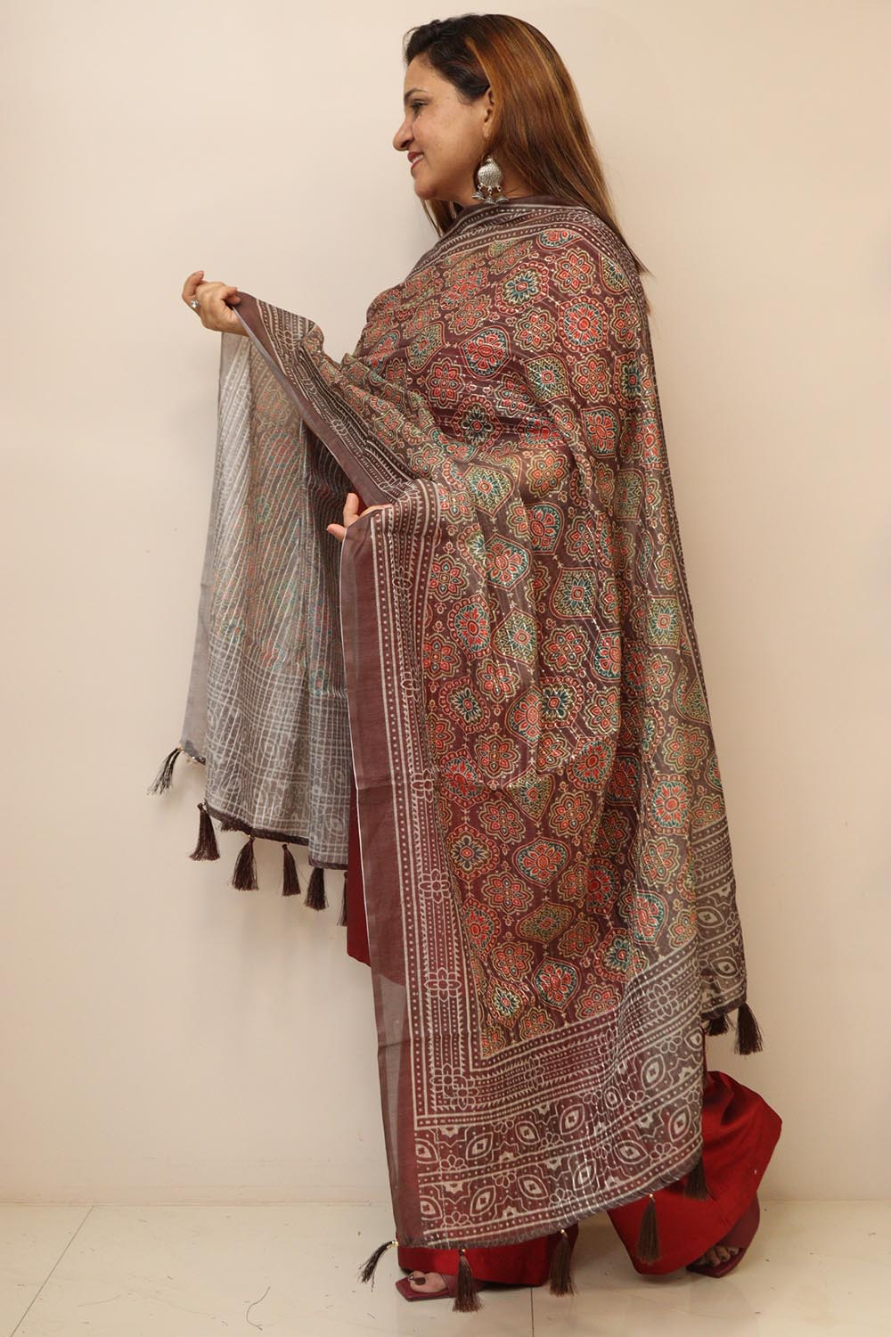 Maroon Digital Printed Chanderi Ajrakh Design Dupatta