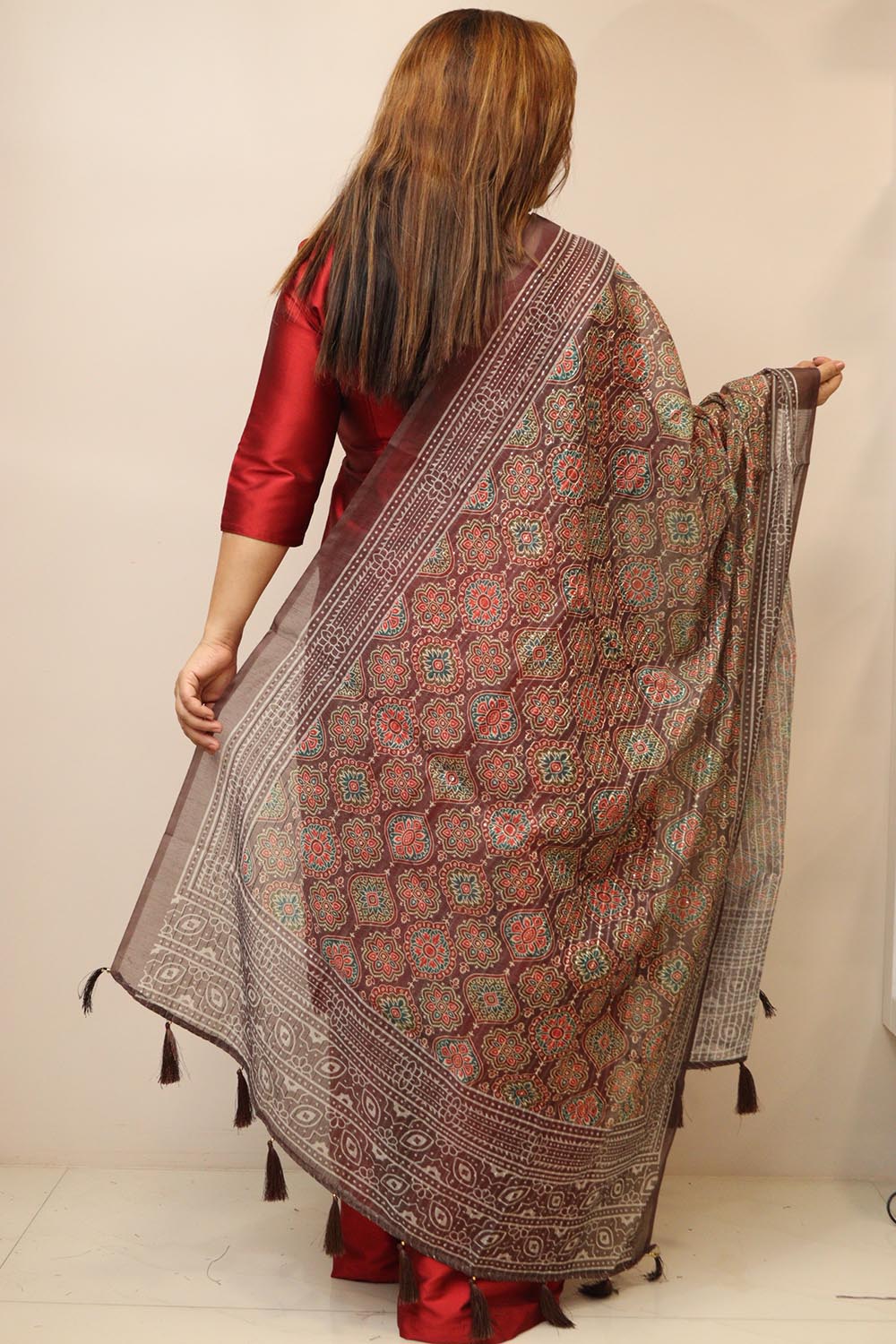 Maroon Digital Printed Chanderi Ajrakh Design Dupatta