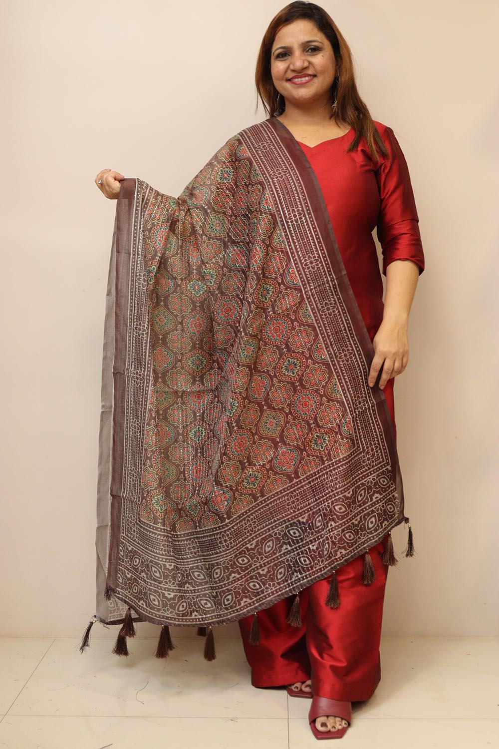 Maroon Digital Printed Chanderi Ajrakh Design Dupatta