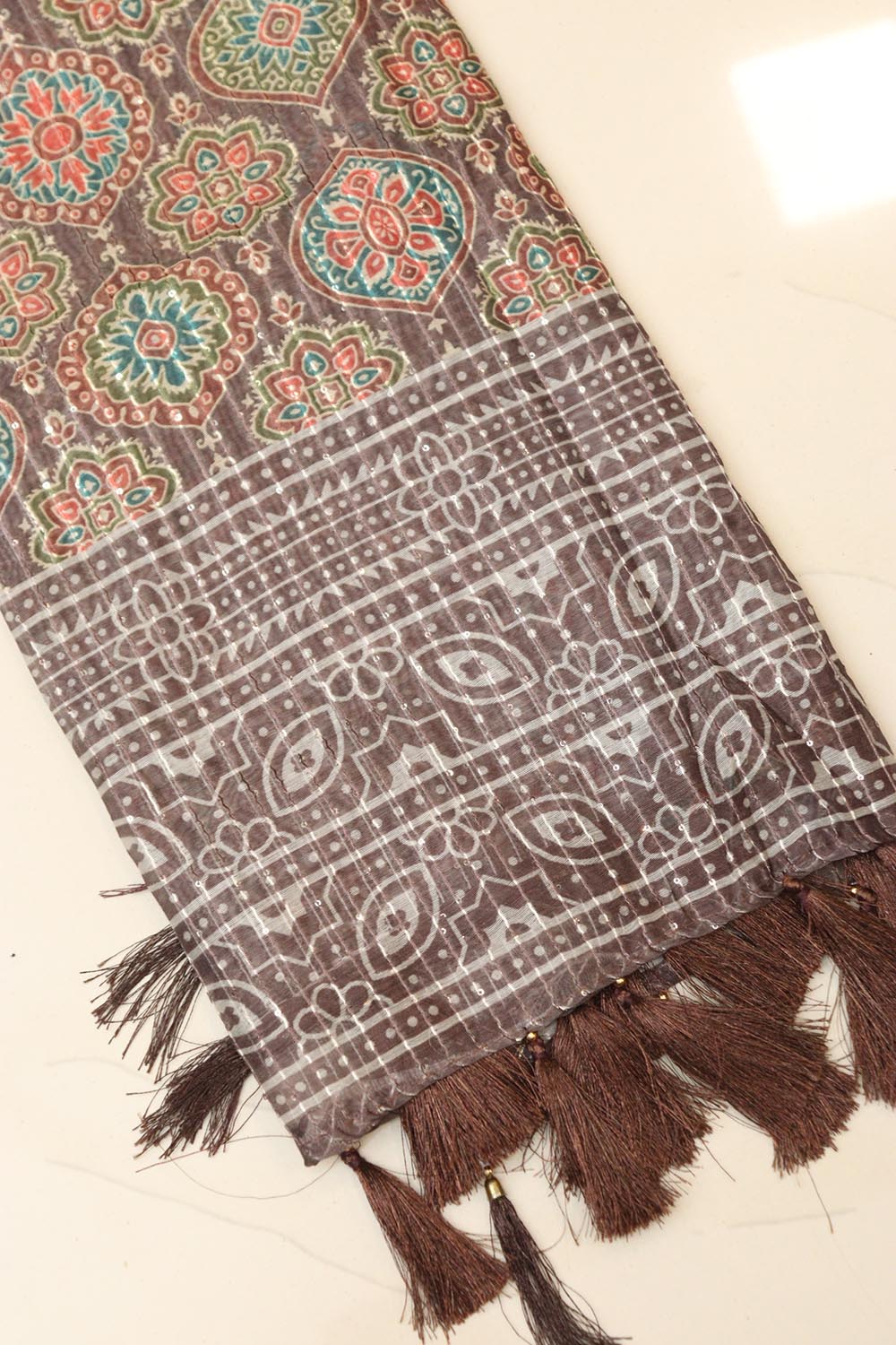 Maroon Digital Printed Chanderi Ajrakh Design Dupatta