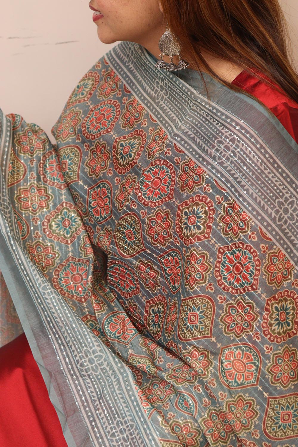Grey Digital Printed Chanderi Ajrakh Design Dupatta