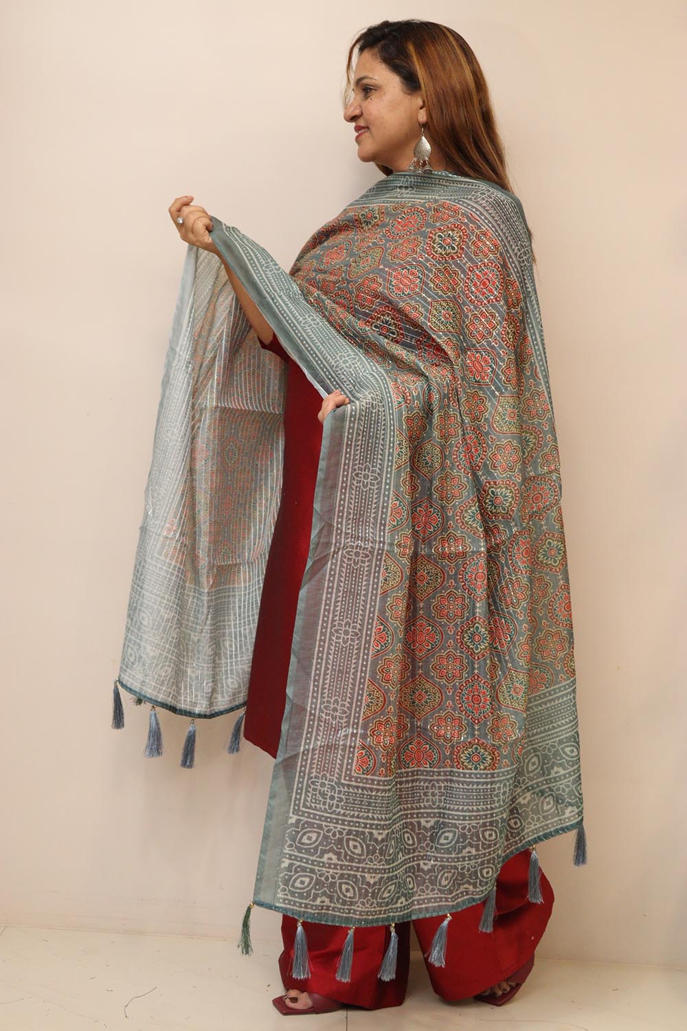 Grey Digital Printed Chanderi Ajrakh Design Dupatta