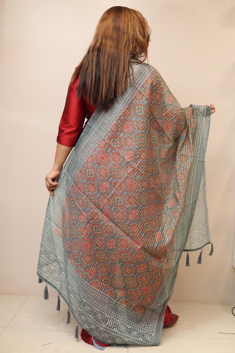 Grey Digital Printed Chanderi Ajrakh Design Dupatta