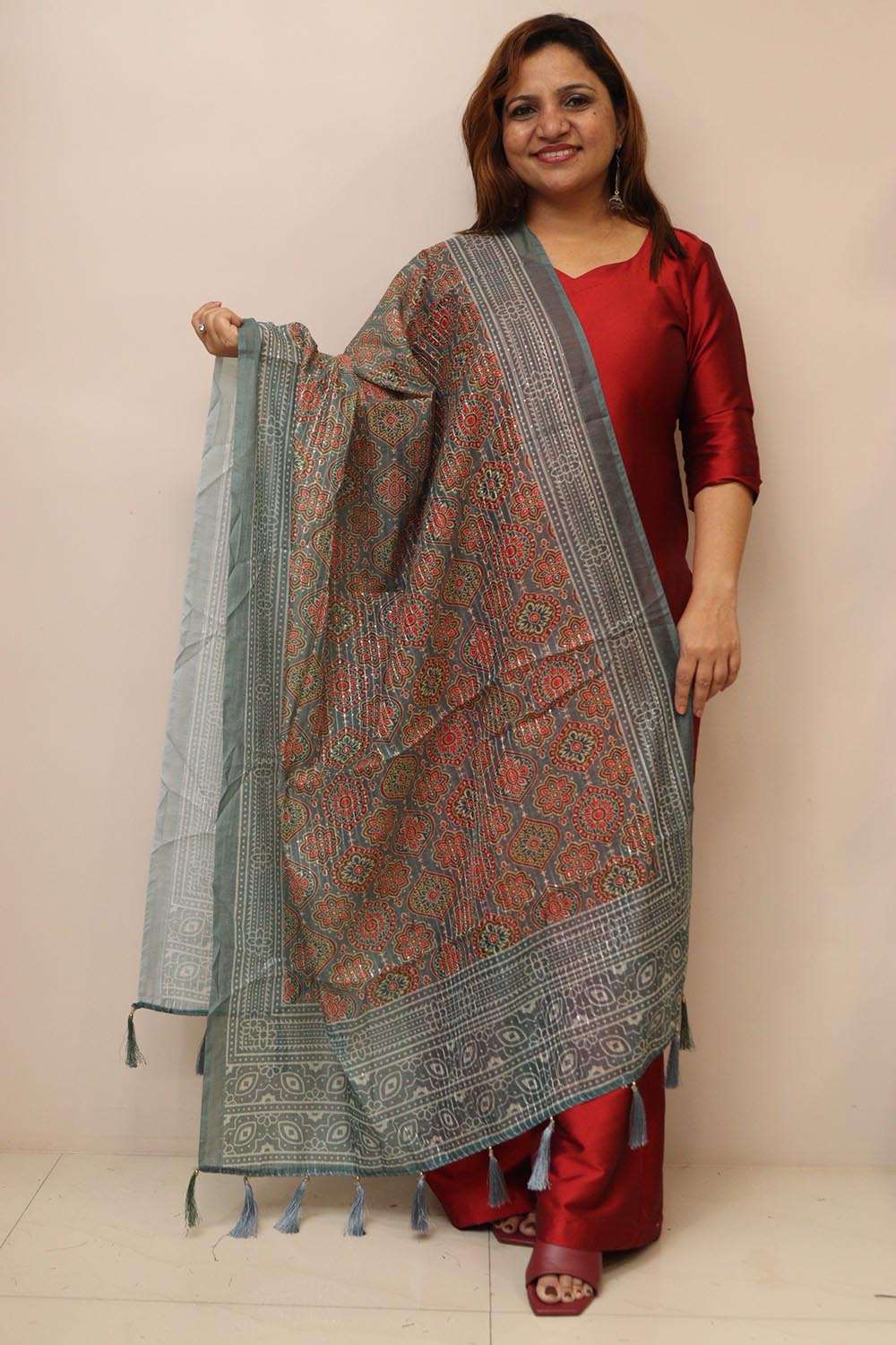 Grey Digital Printed Chanderi Ajrakh Design Dupatta