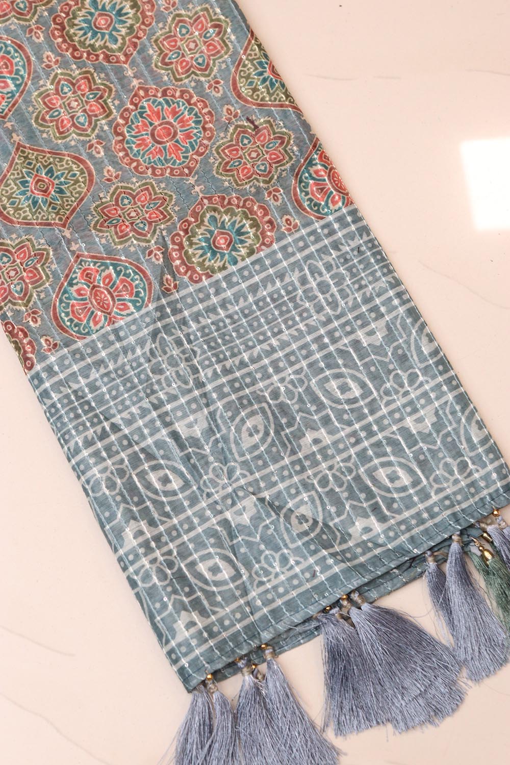 Grey Digital Printed Chanderi Ajrakh Design Dupatta