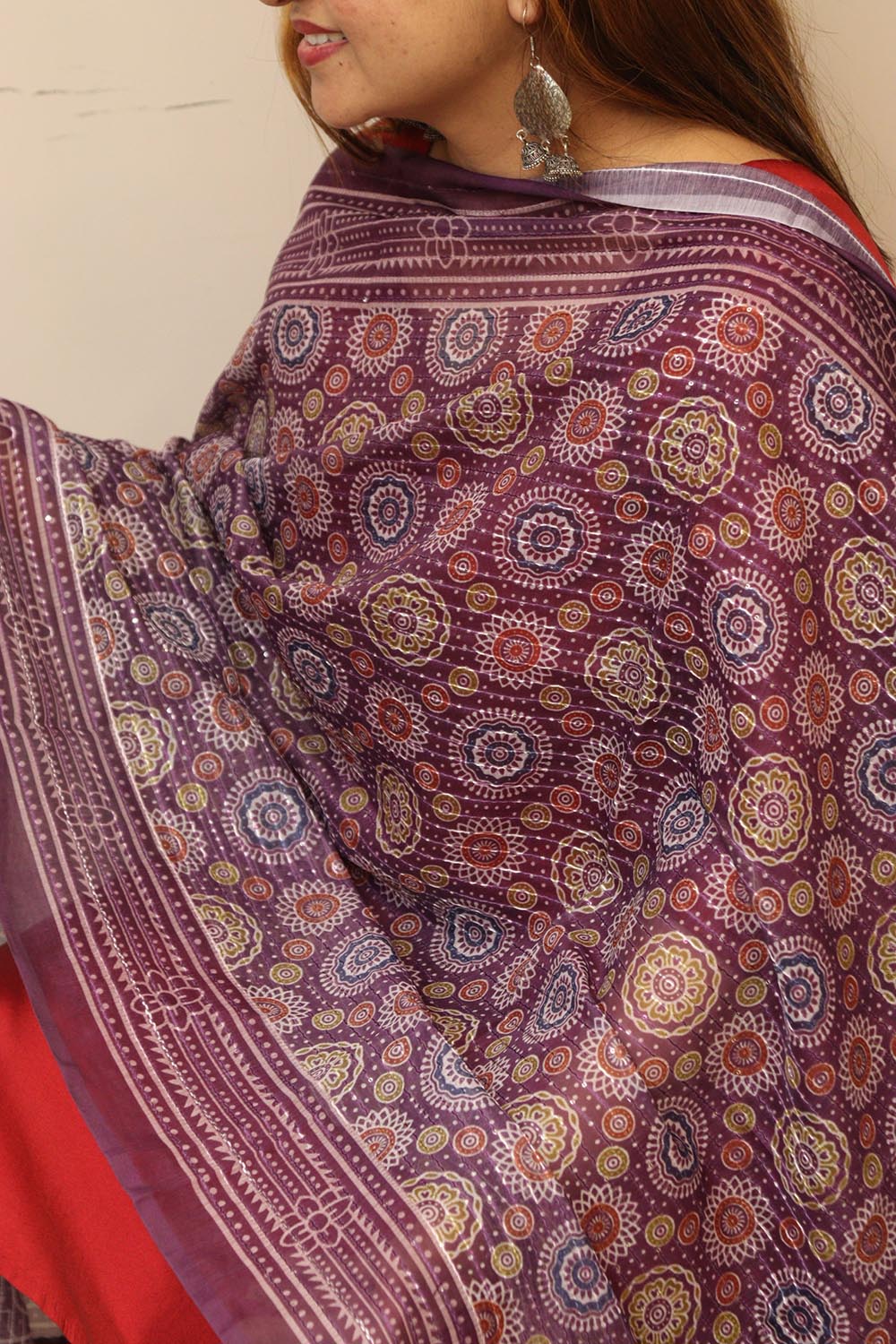 Purple Digital Printed Chanderi Ajrakh Design Dupatta