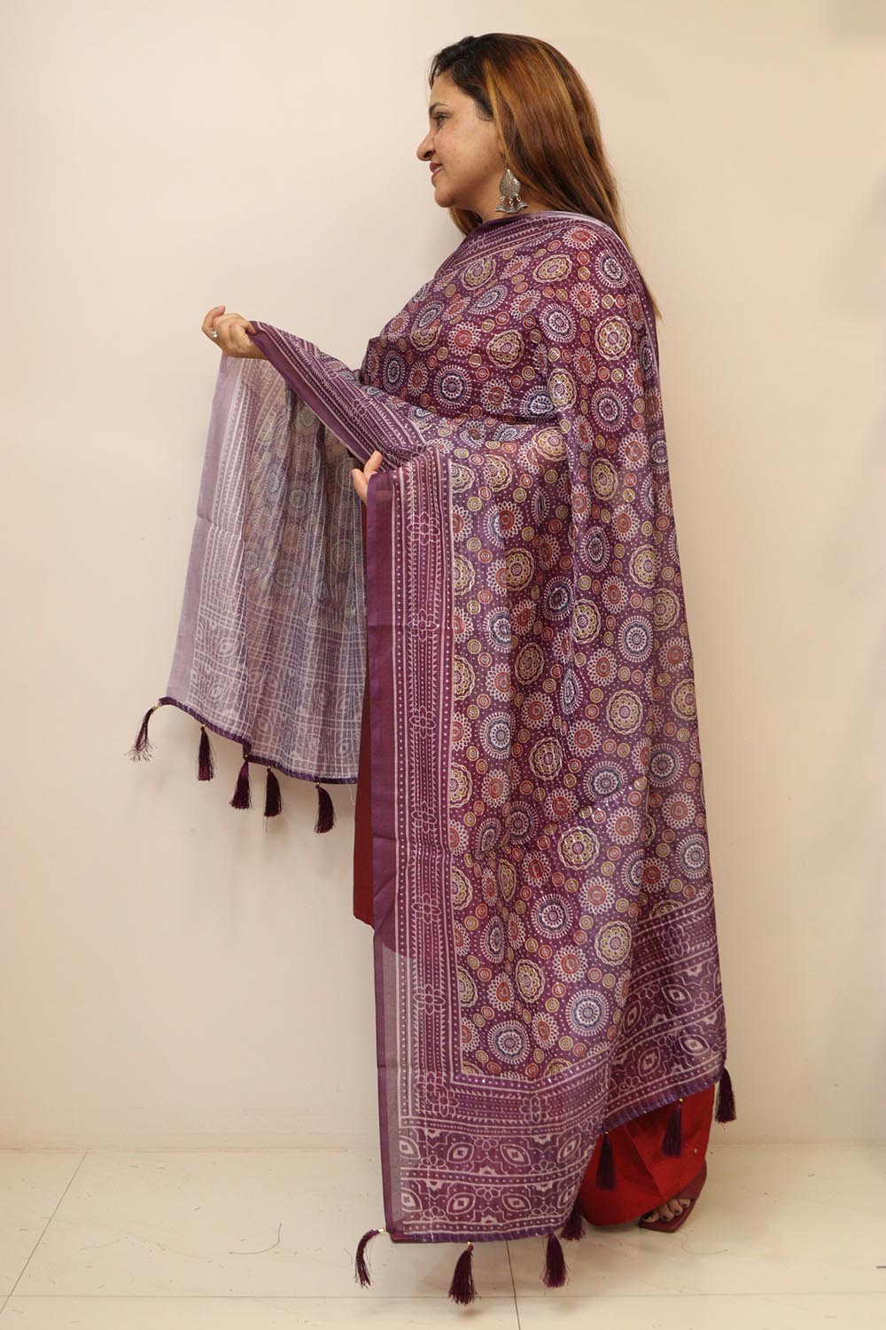 Purple Digital Printed Chanderi Ajrakh Design Dupatta