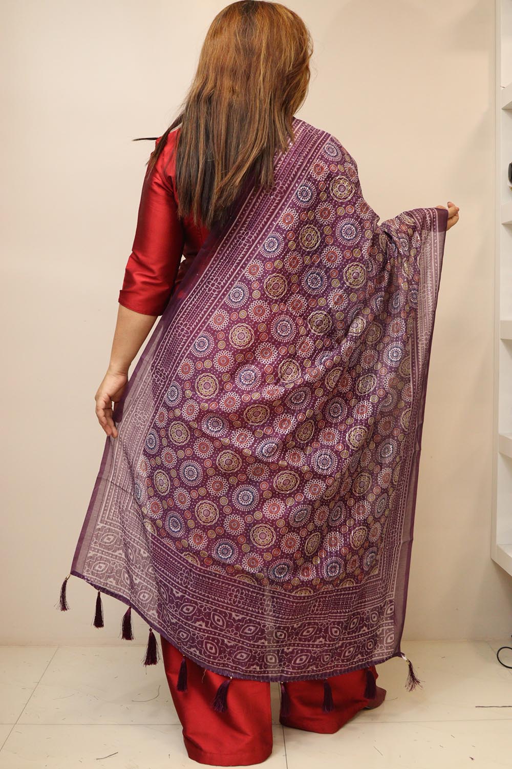 Purple Digital Printed Chanderi Ajrakh Design Dupatta