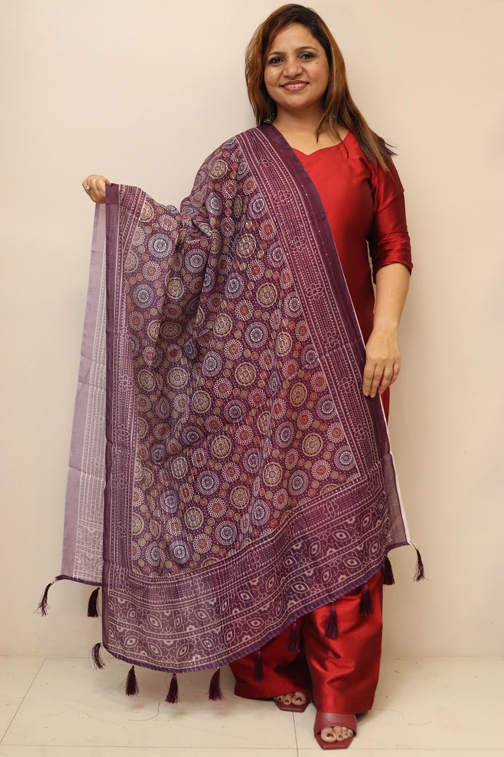Purple Digital Printed Chanderi Ajrakh Design Dupatta