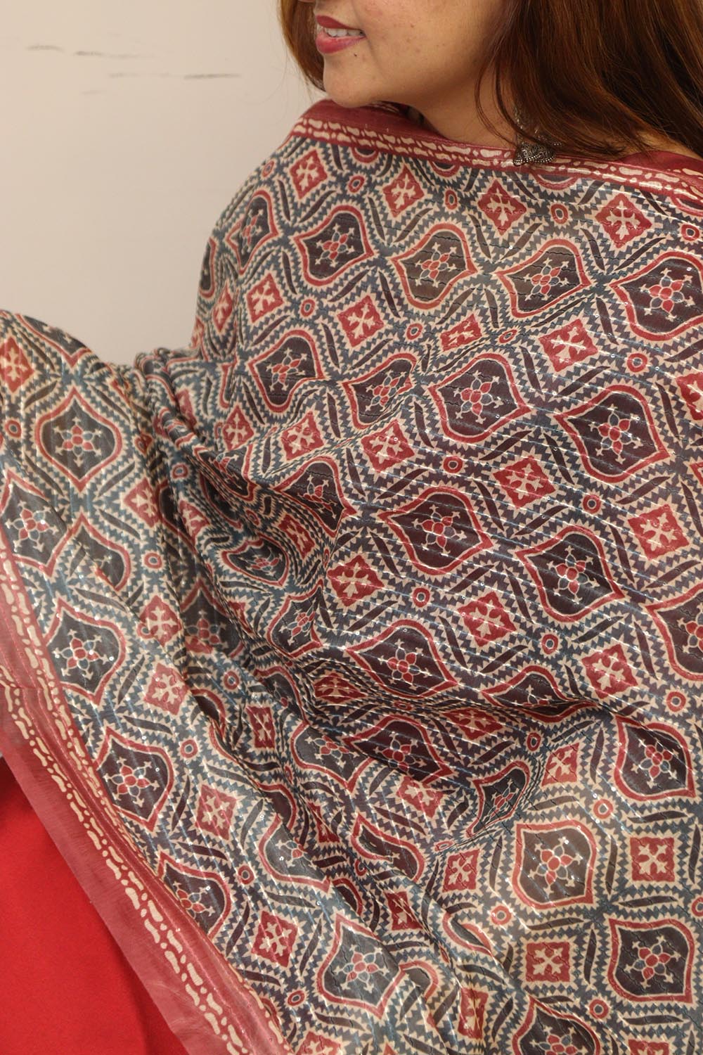 Multicolor Digital Printed Chanderi Ajrakh Design Dupatta