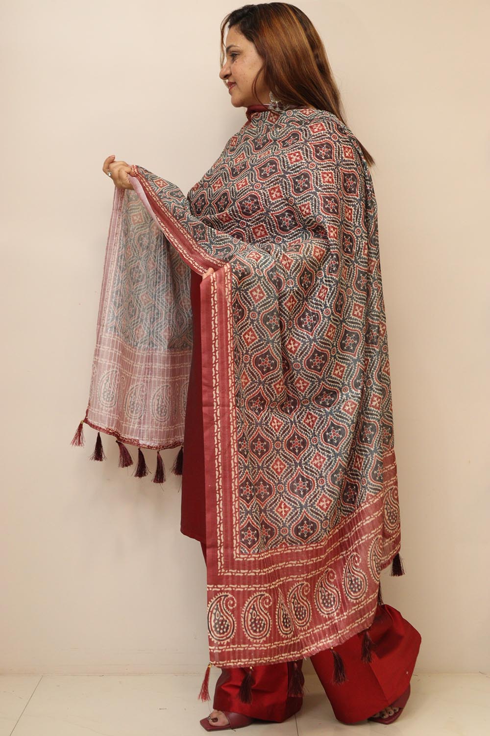 Multicolor Digital Printed Chanderi Ajrakh Design Dupatta