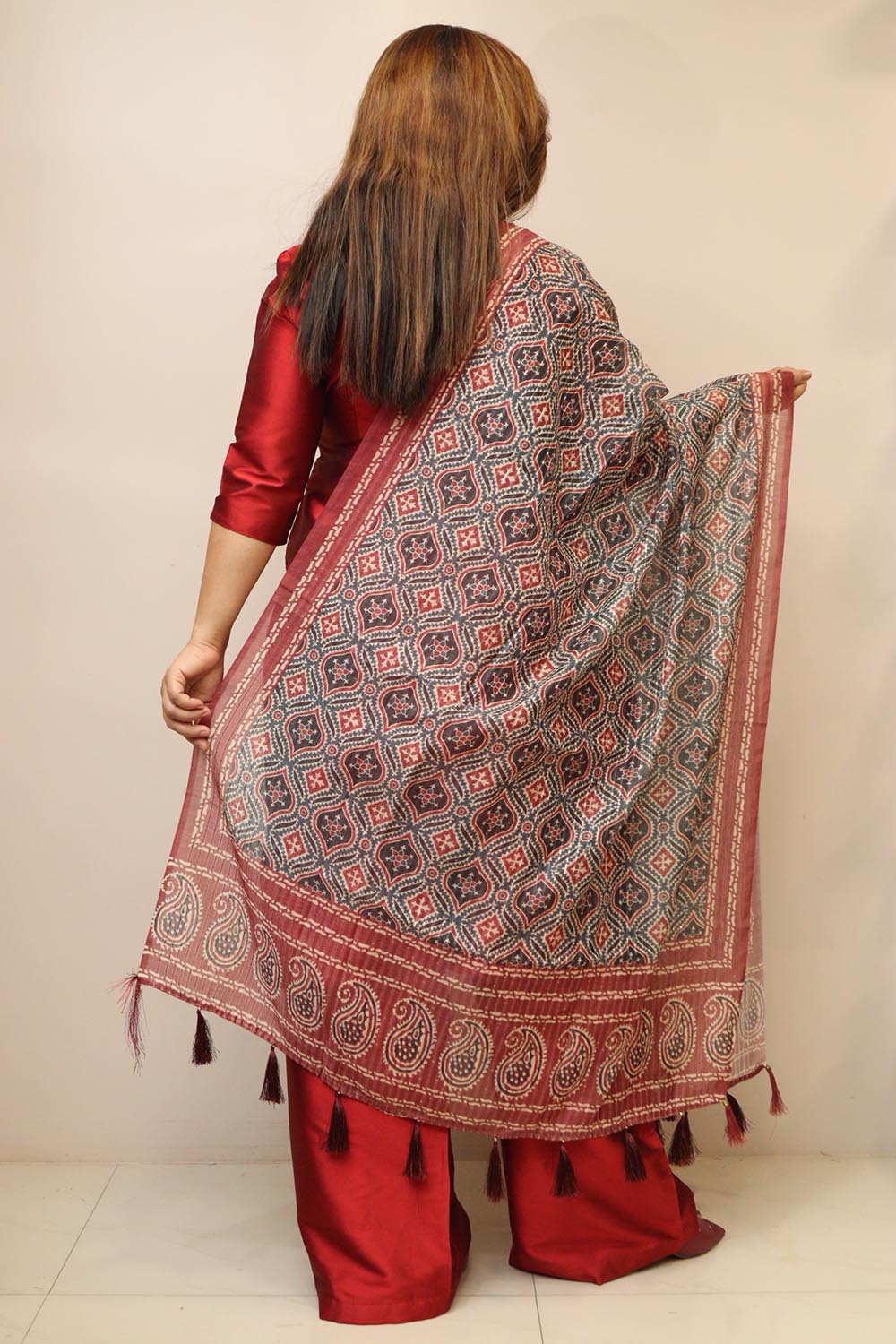 Multicolor Digital Printed Chanderi Ajrakh Design Dupatta