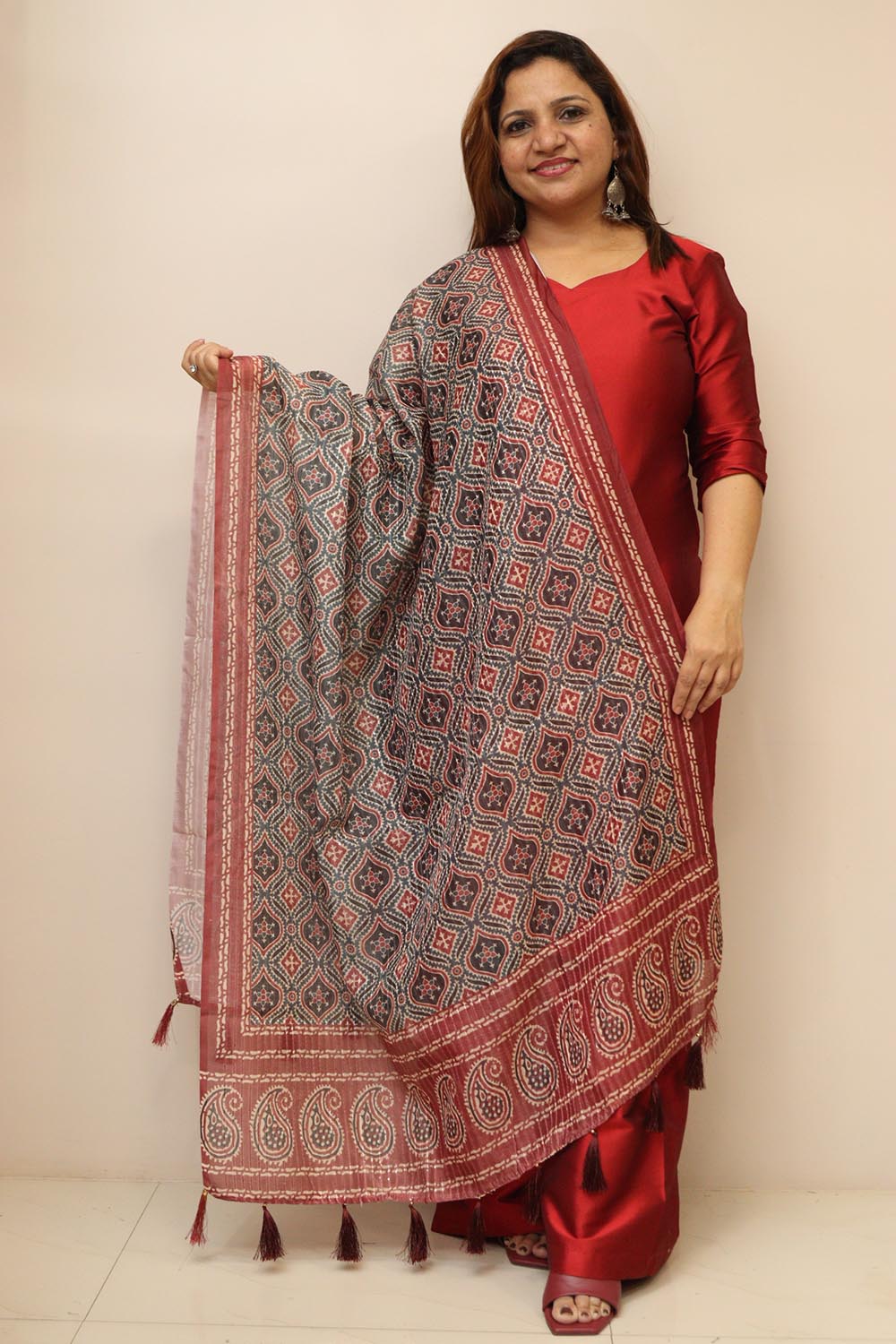 Multicolor Digital Printed Chanderi Ajrakh Design Dupatta