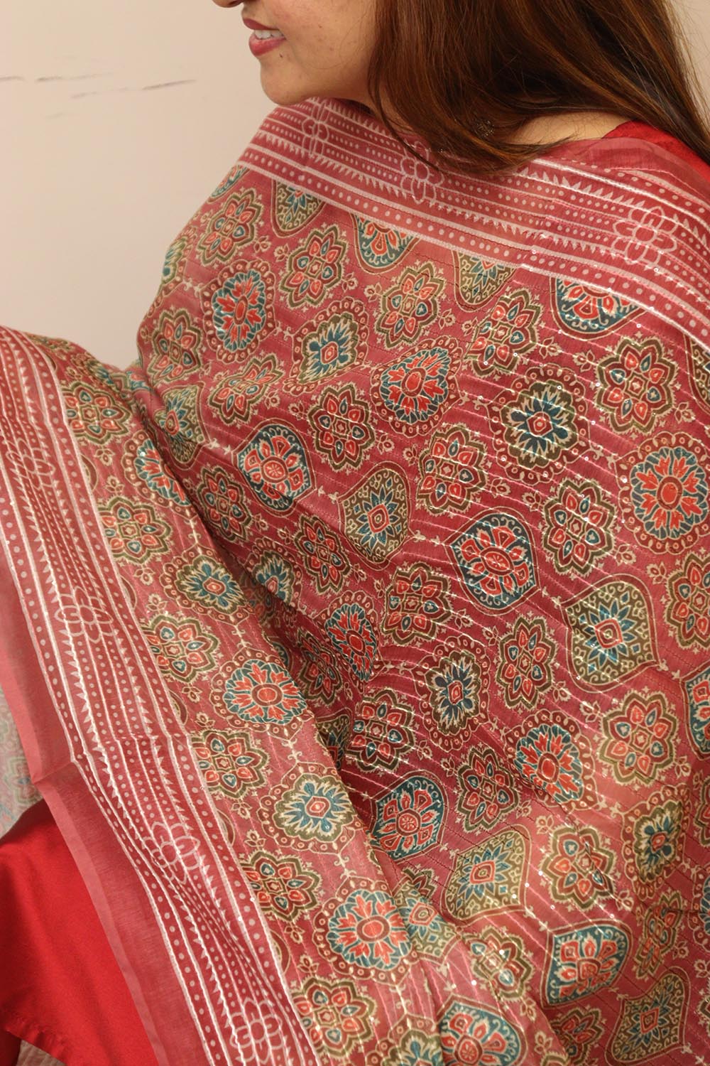 Maroon Digital Printed Chanderi Ajrakh Design Dupatta