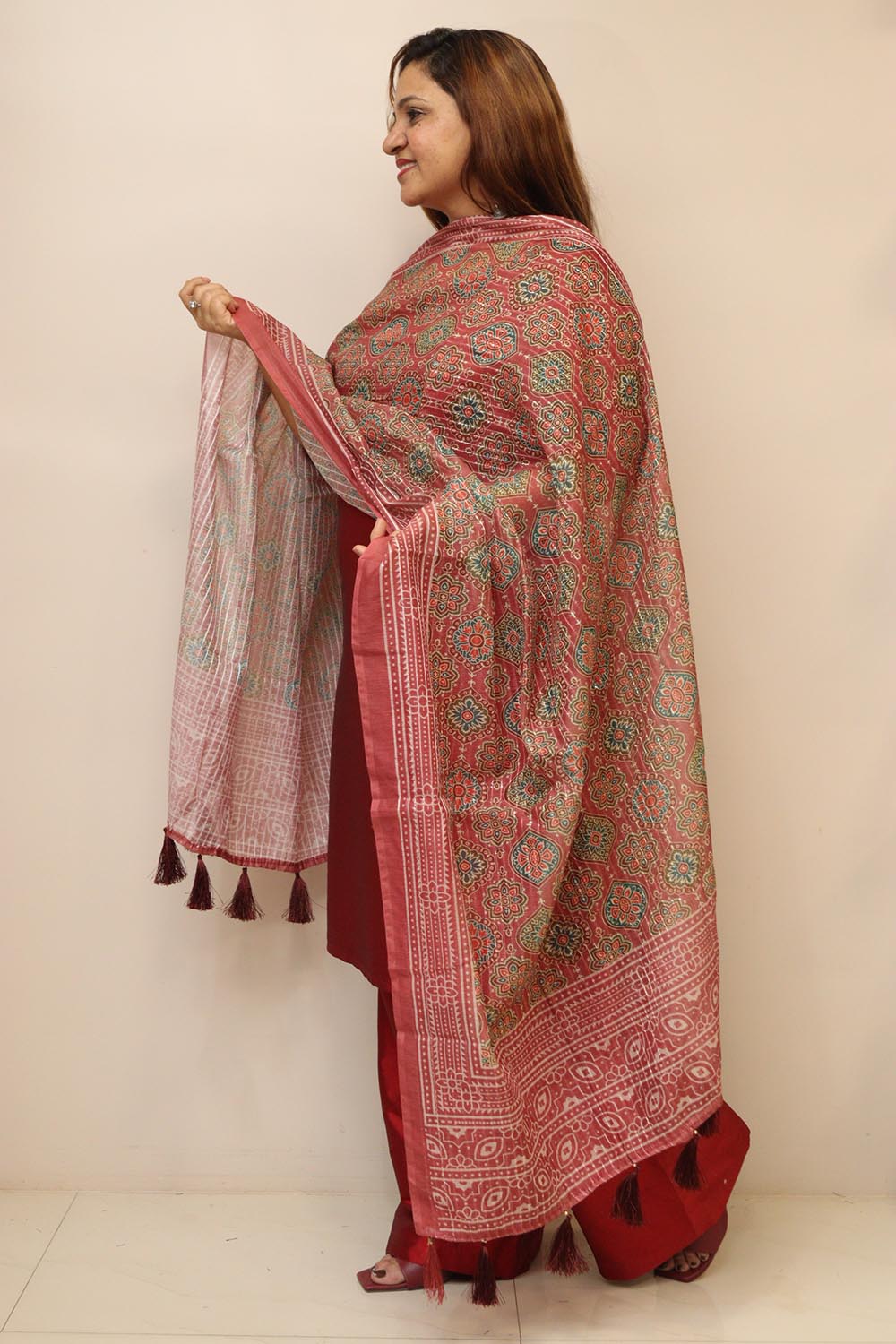 Maroon Digital Printed Chanderi Ajrakh Design Dupatta