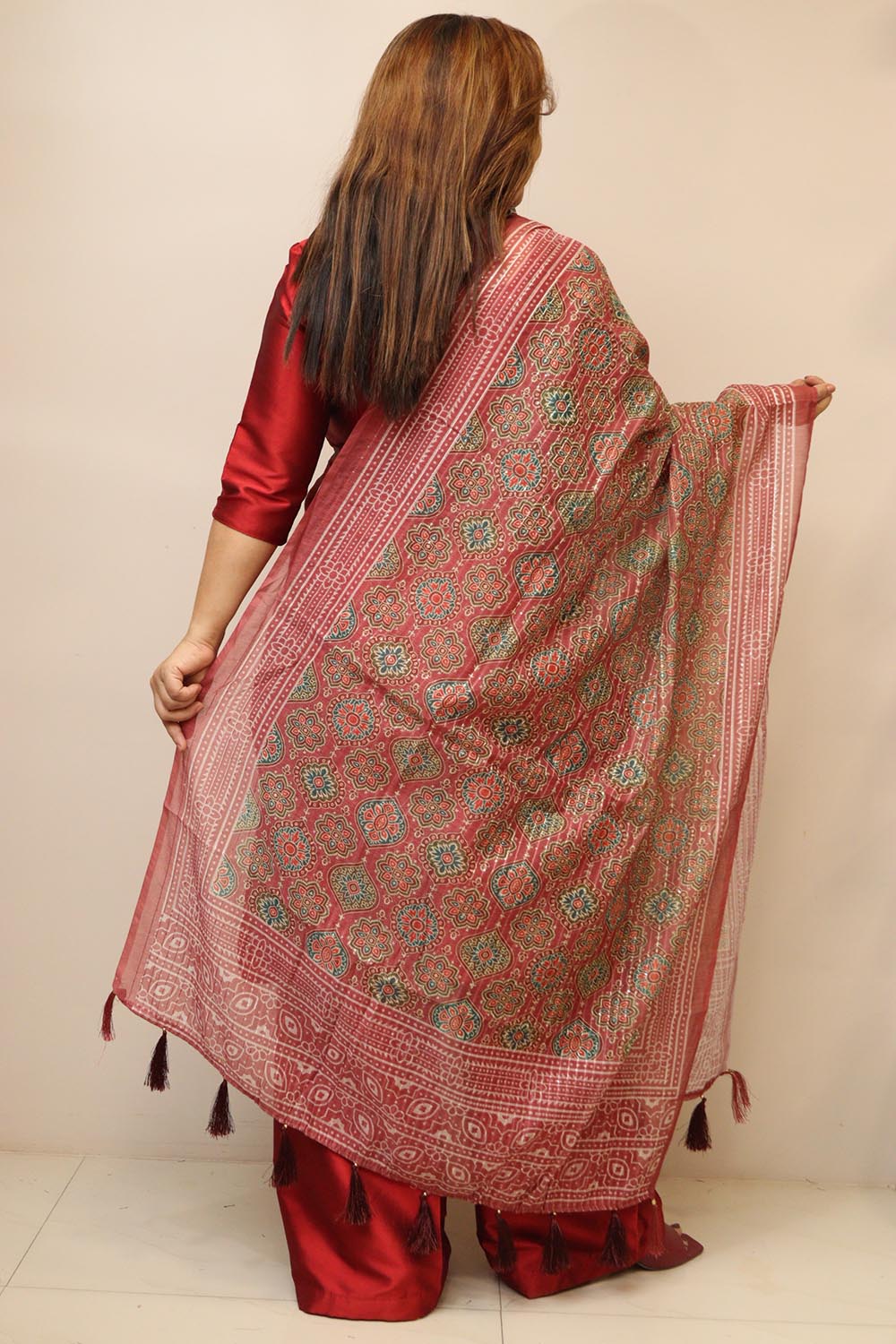 Maroon Digital Printed Chanderi Ajrakh Design Dupatta