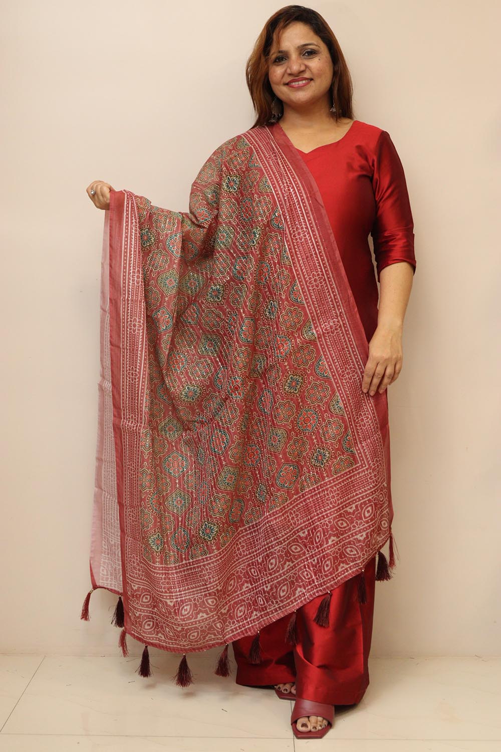 Maroon Digital Printed Chanderi Ajrakh Design Dupatta