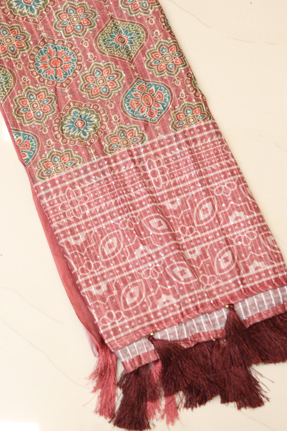 Maroon Digital Printed Chanderi Ajrakh Design Dupatta