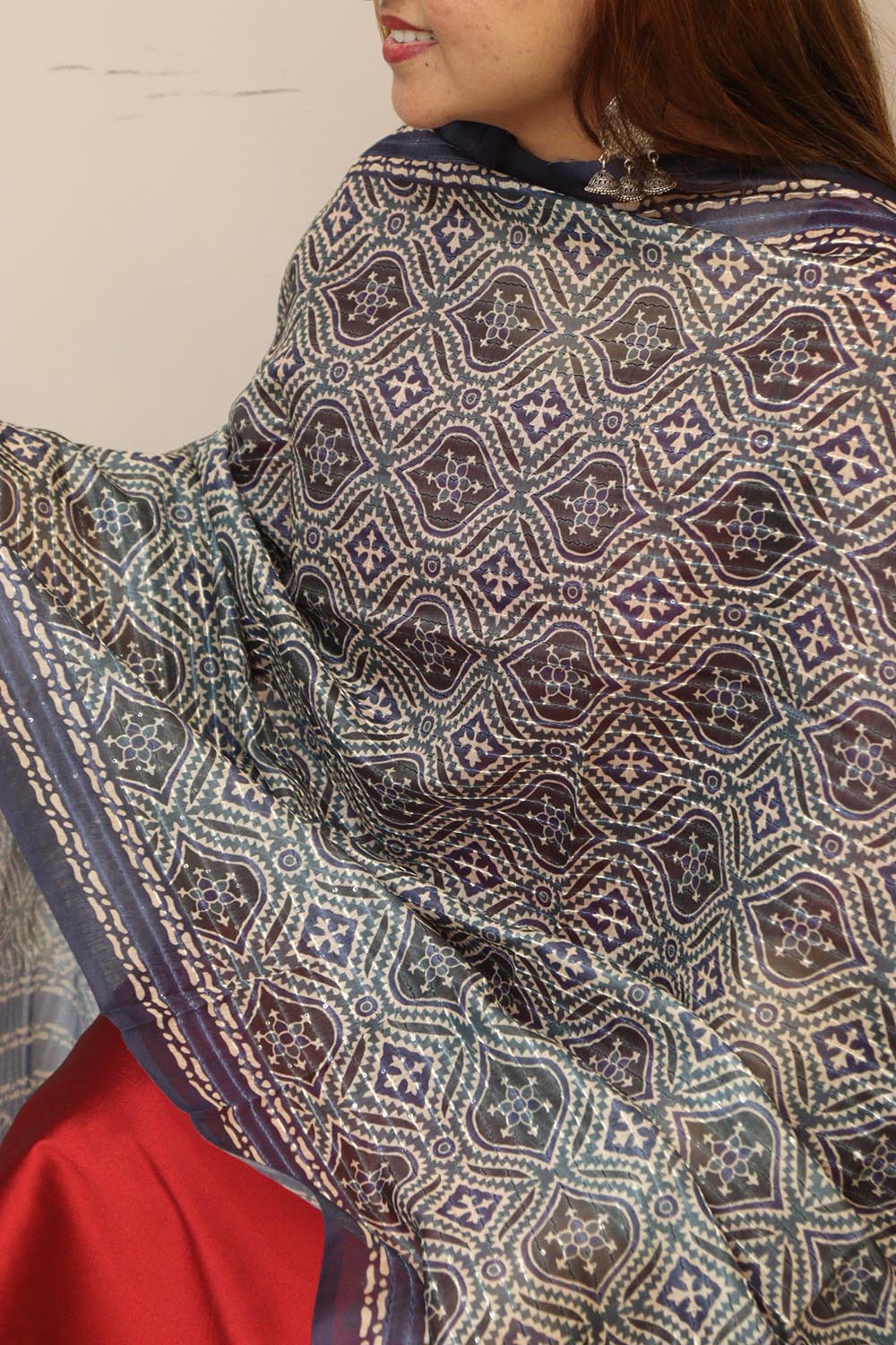Chic Maroon Digital Printed Chanderi Ajrakh Design Dupatta with Tassels for Ethnic Wear and Festivals