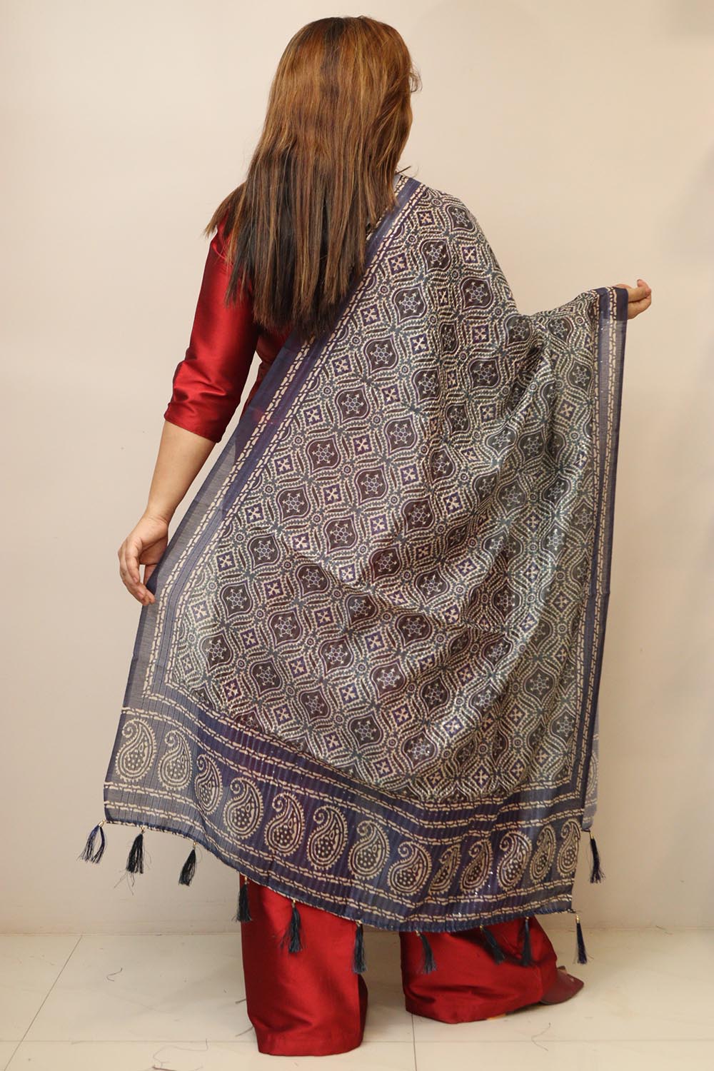 Chic Maroon Digital Printed Chanderi Ajrakh Design Dupatta with Tassels for Ethnic Wear and Festivals