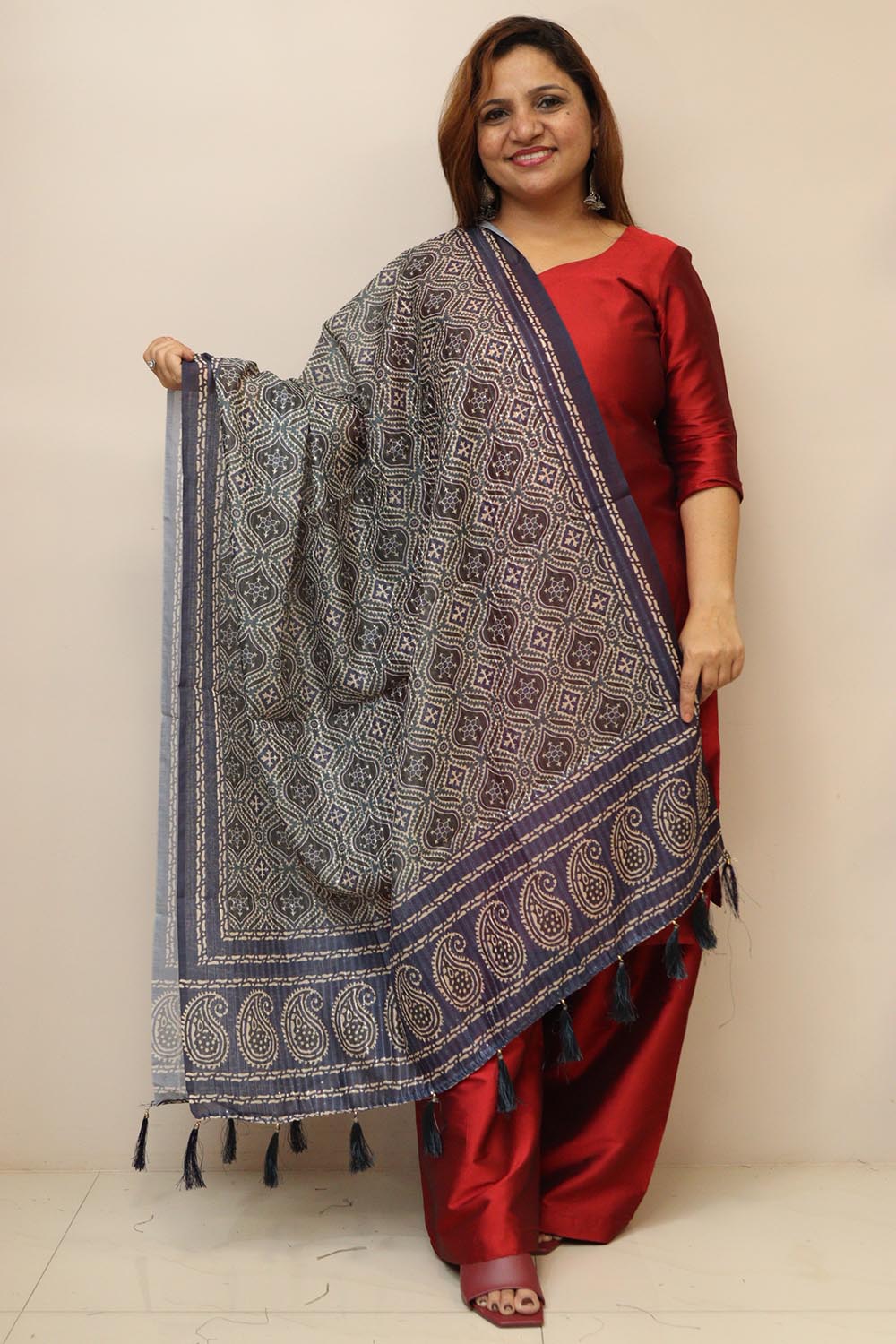 Chic Maroon Digital Printed Chanderi Ajrakh Design Dupatta with Tassels for Ethnic Wear and Festivals