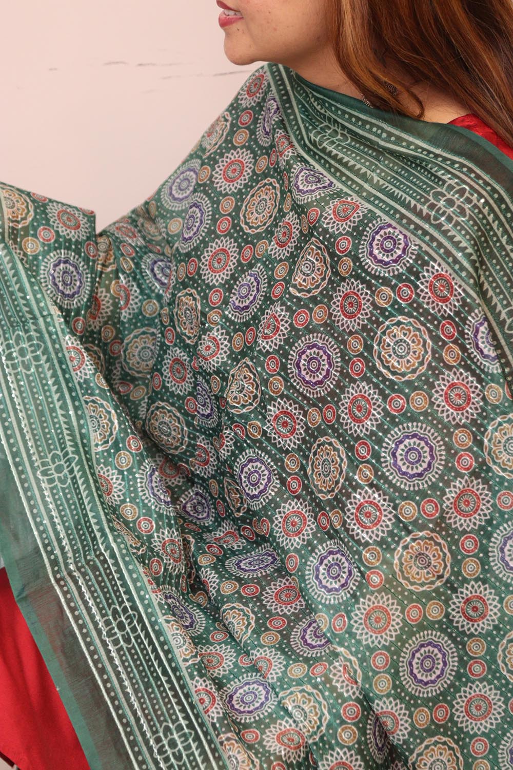 Green Digital Printed Chanderi Ajrakh Design Dupatta
