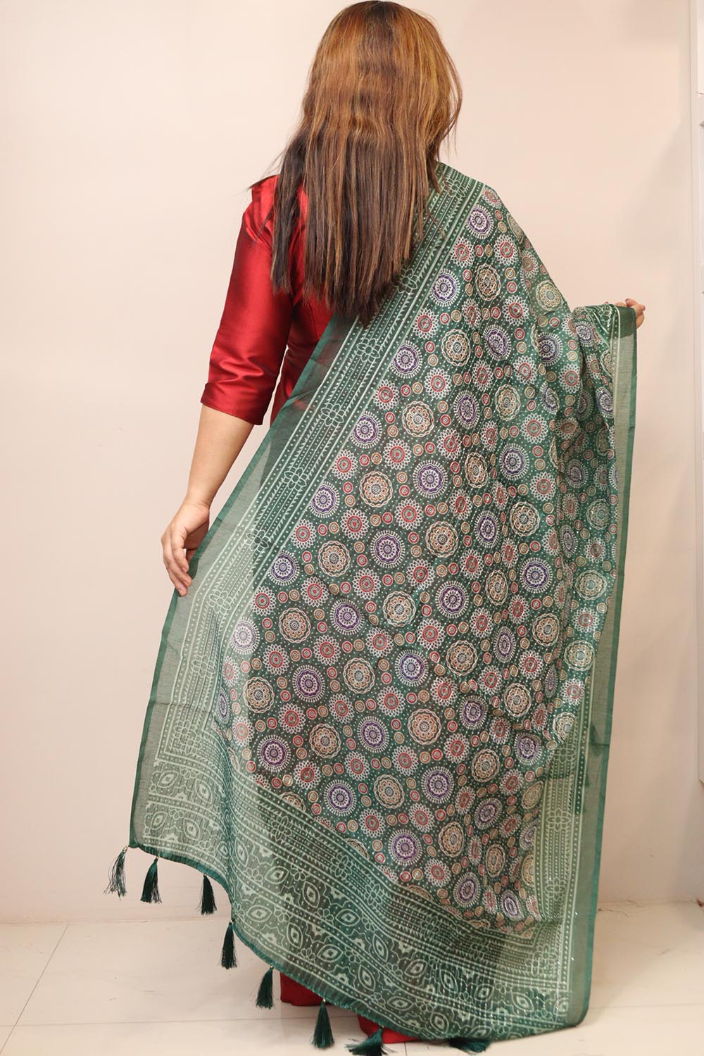 Green Digital Printed Chanderi Ajrakh Design Dupatta