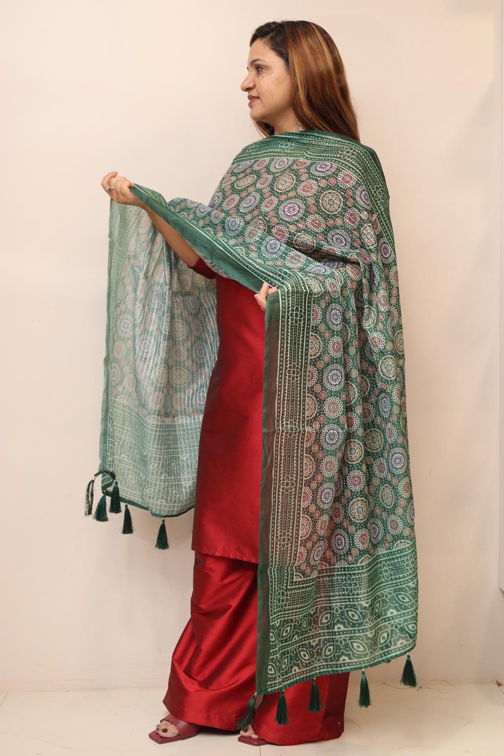 Green Digital Printed Chanderi Ajrakh Design Dupatta
