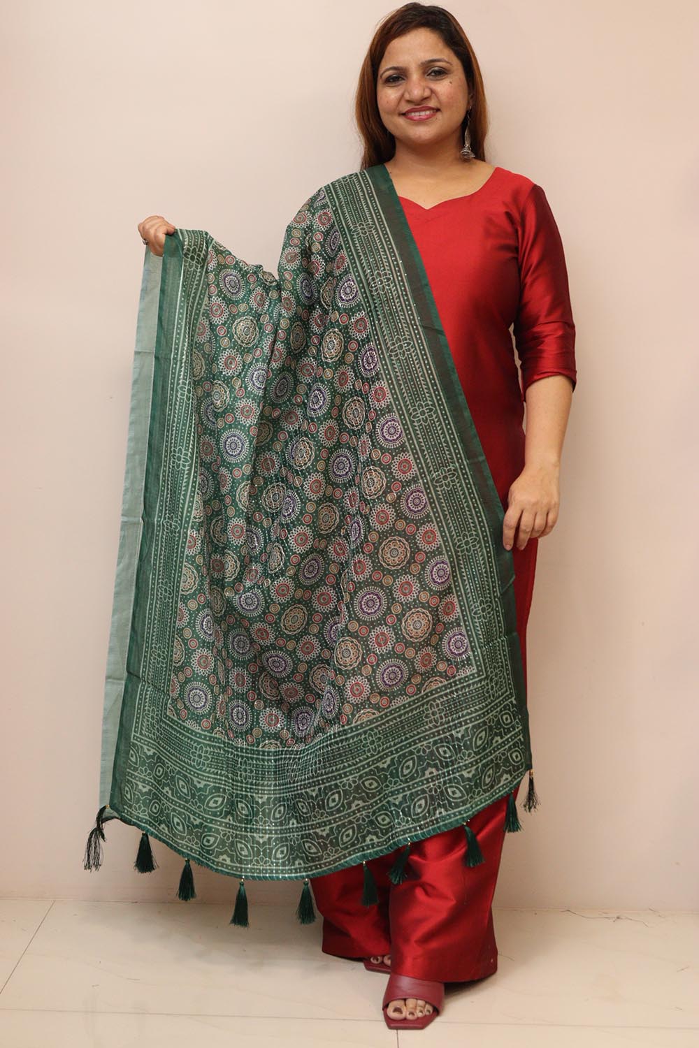 Green Digital Printed Chanderi Ajrakh Design Dupatta