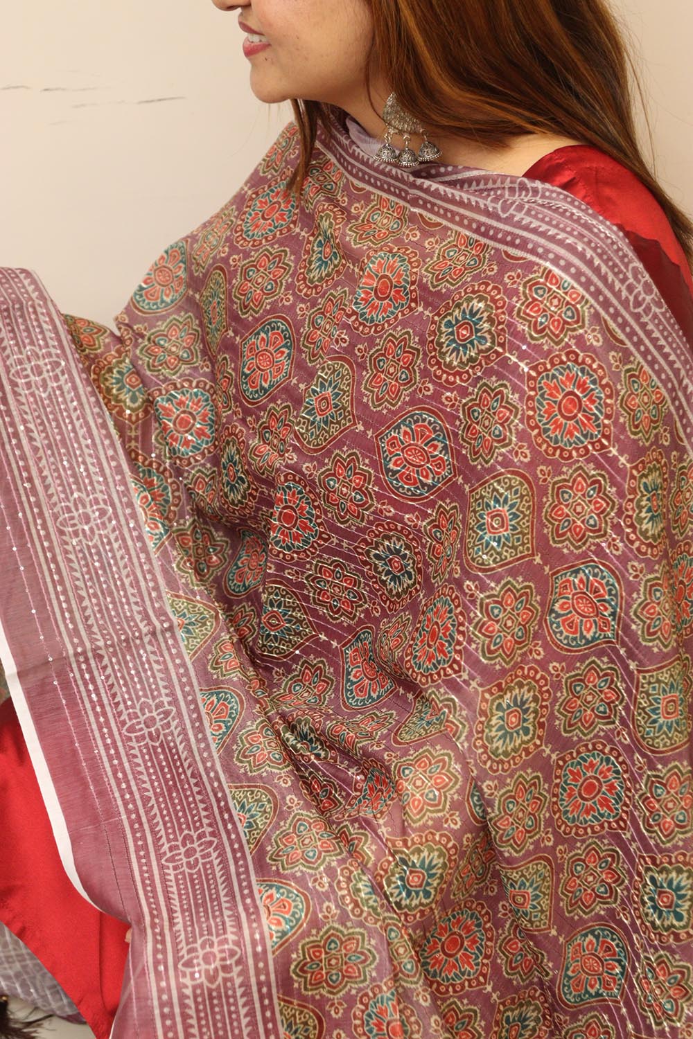 Maroon Digital Printed Chanderi Ajrakh Design Dupatta