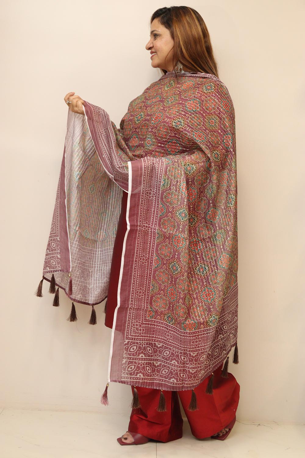 Maroon Digital Printed Chanderi Ajrakh Design Dupatta