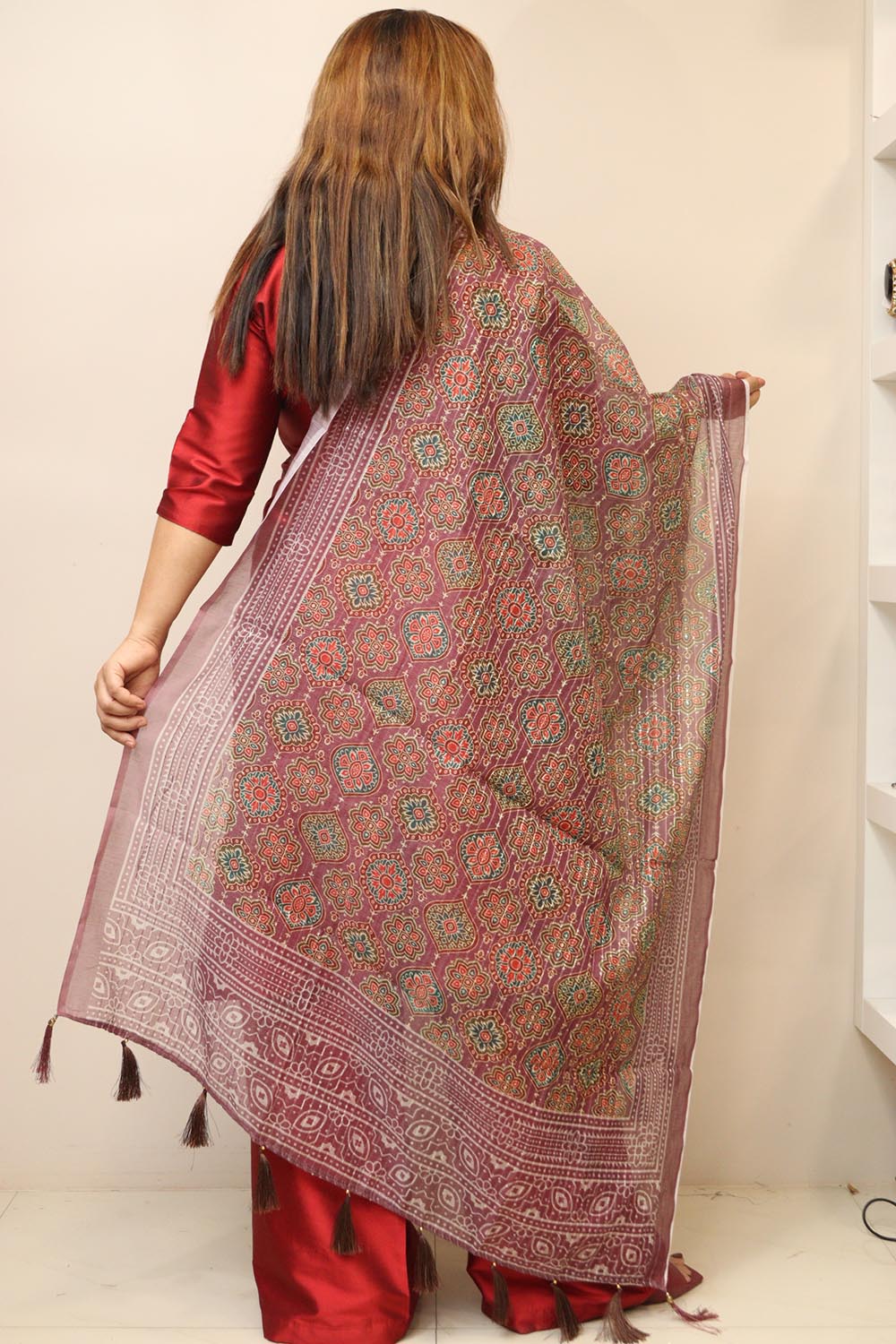 Maroon Digital Printed Chanderi Ajrakh Design Dupatta