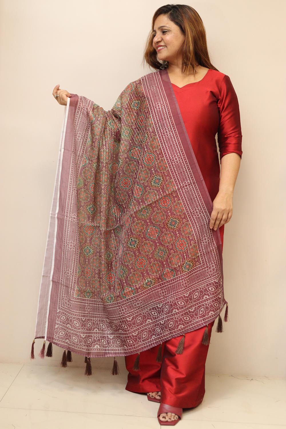 Maroon Digital Printed Chanderi Ajrakh Design Dupatta