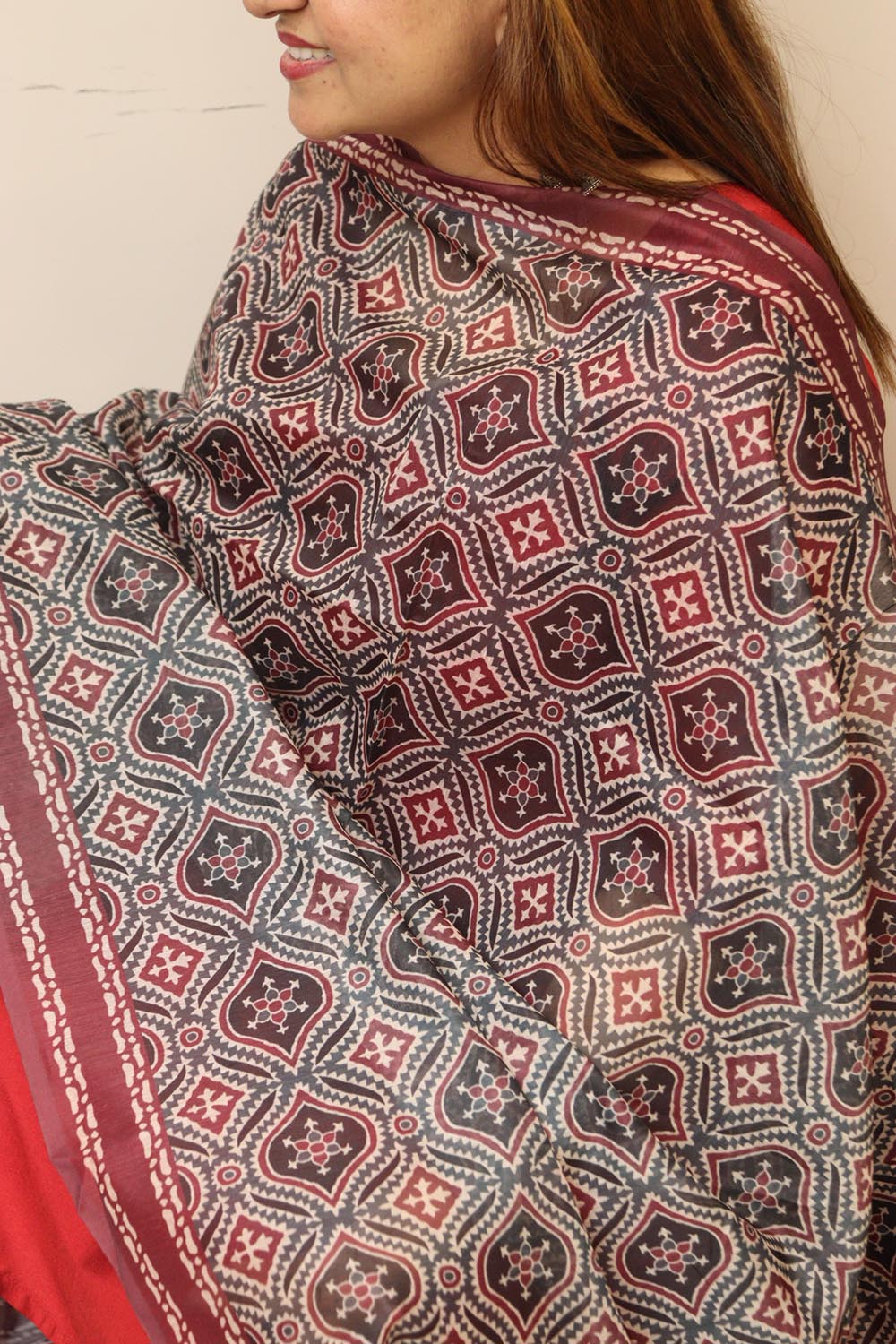 Multicolor Digital Printed Chanderi Ajrakh Design Dupatta