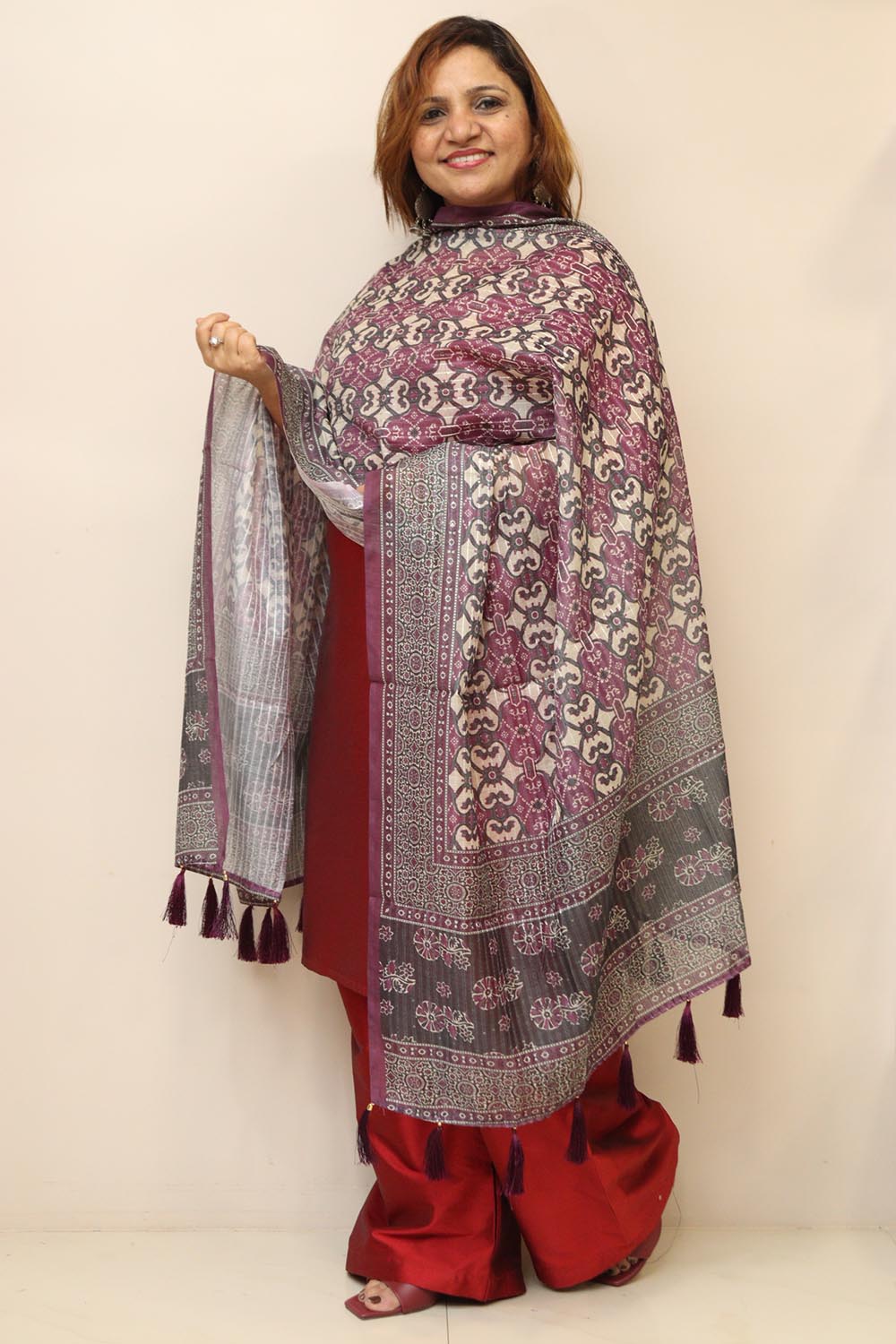 Purple Digital Printed Chanderi Ajrakh Design Dupatta