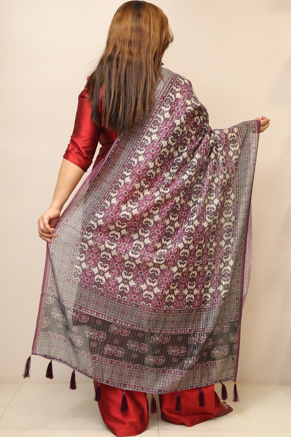 Purple Digital Printed Chanderi Ajrakh Design Dupatta