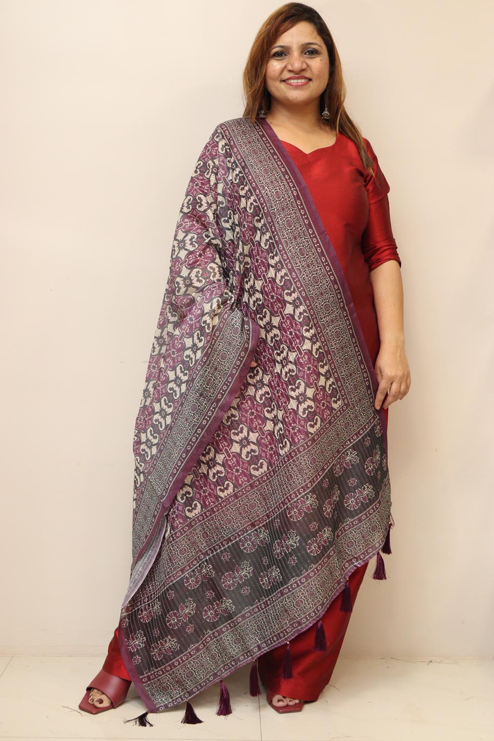 Purple Digital Printed Chanderi Ajrakh Design Dupatta