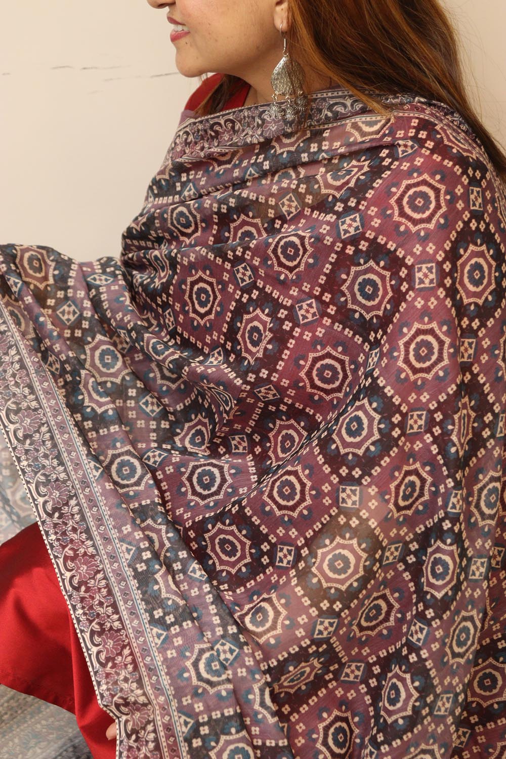 Multicolor Digital Printed Chanderi Ajrakh Design Dupatta