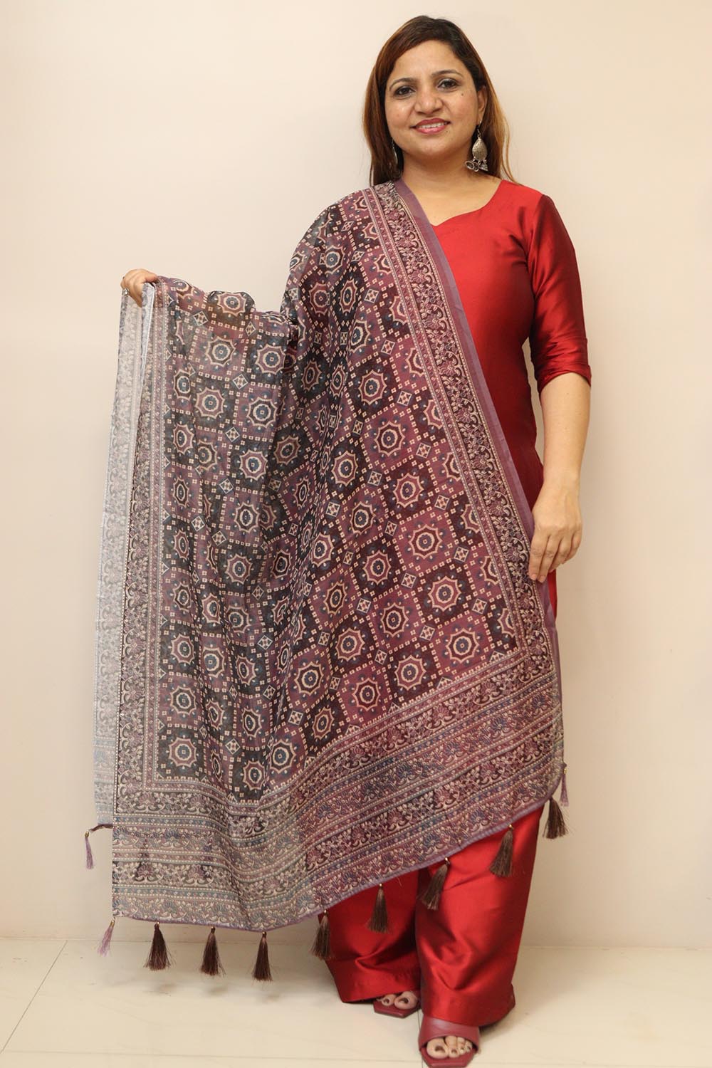 Multicolor Digital Printed Chanderi Ajrakh Design Dupatta