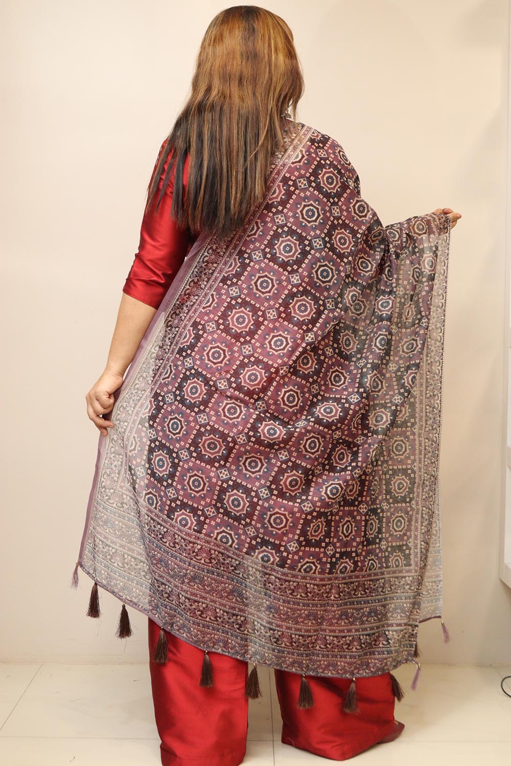 Multicolor Digital Printed Chanderi Ajrakh Design Dupatta
