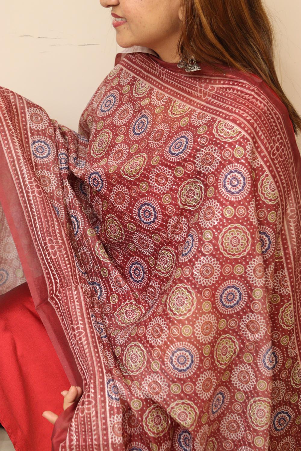 Maroon Digital Printed Chanderi Ajrakh Design Dupatta