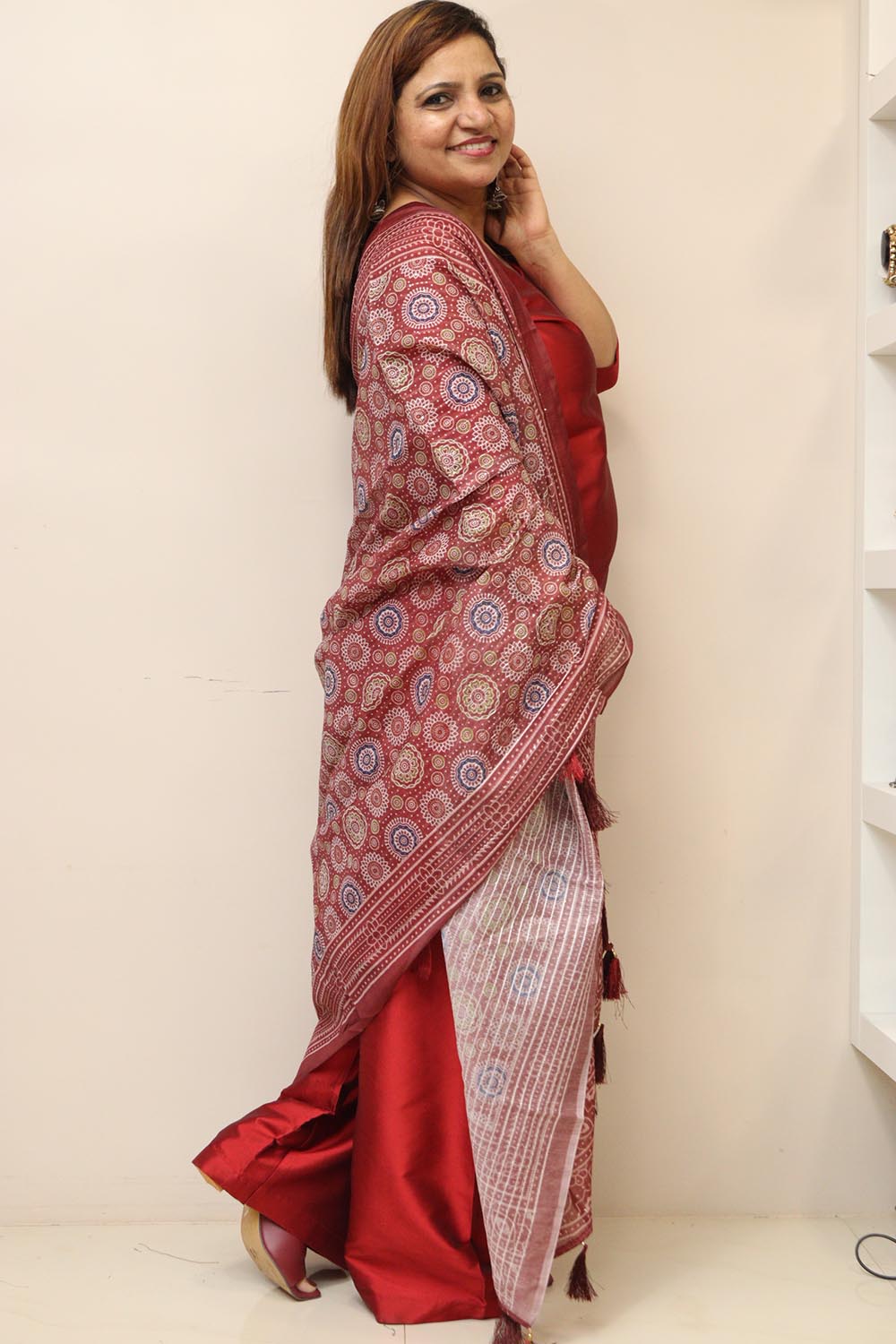 Maroon Digital Printed Chanderi Ajrakh Design Dupatta